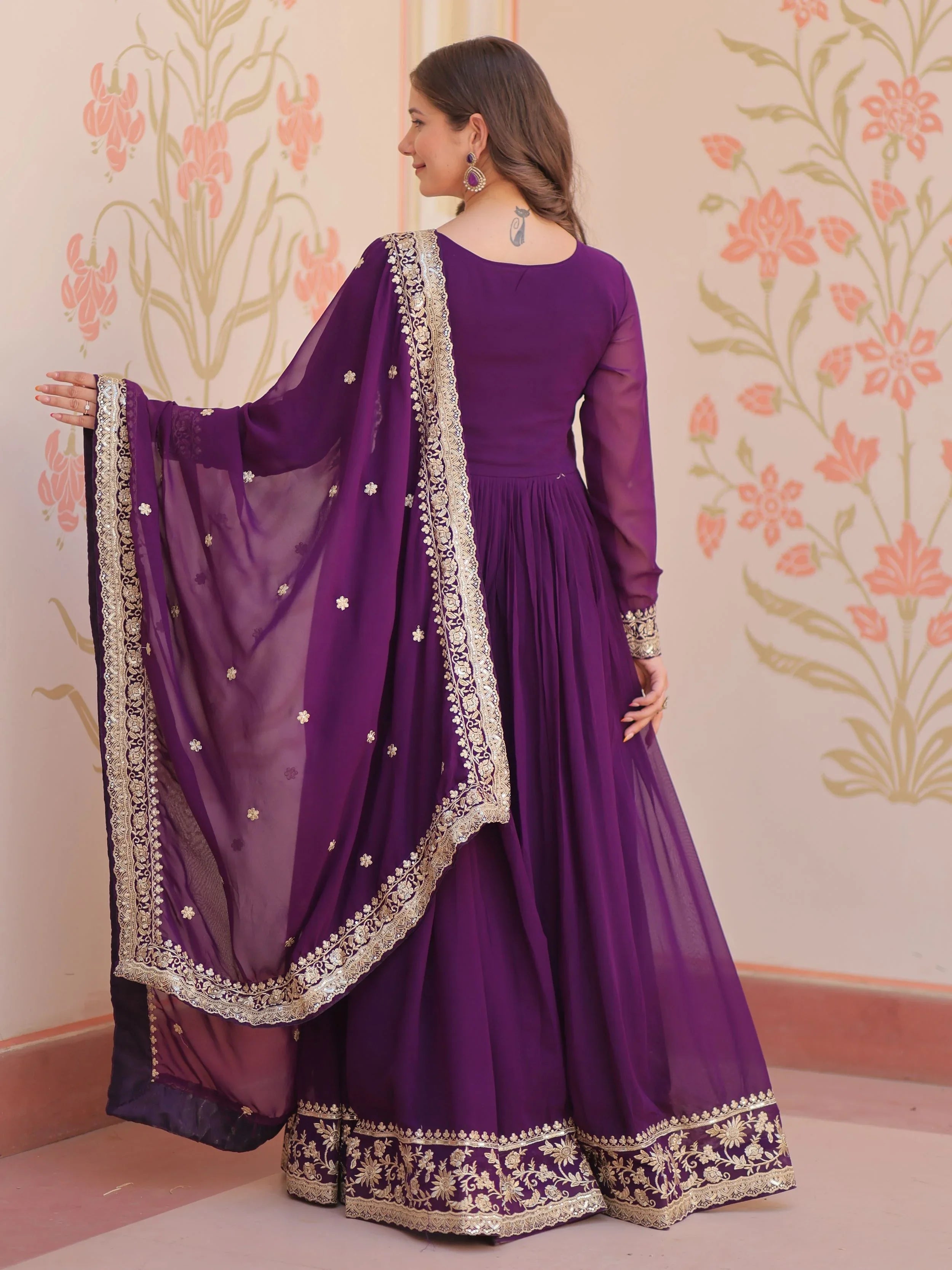 Purple georgette designer gown with zari and sequins embroidery and dupatta