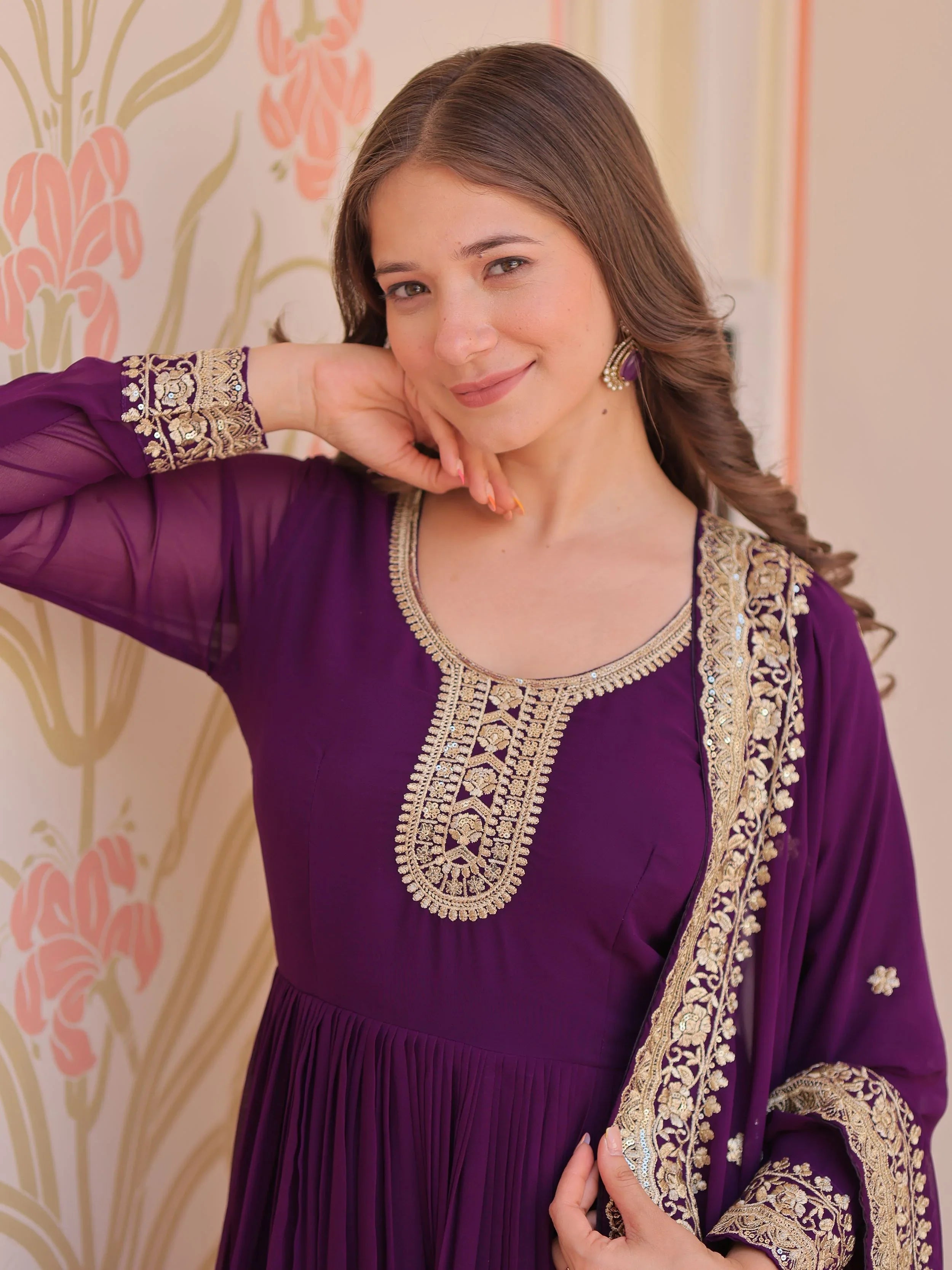 Purple georgette designer gown with zari and sequins embroidery and dupatta