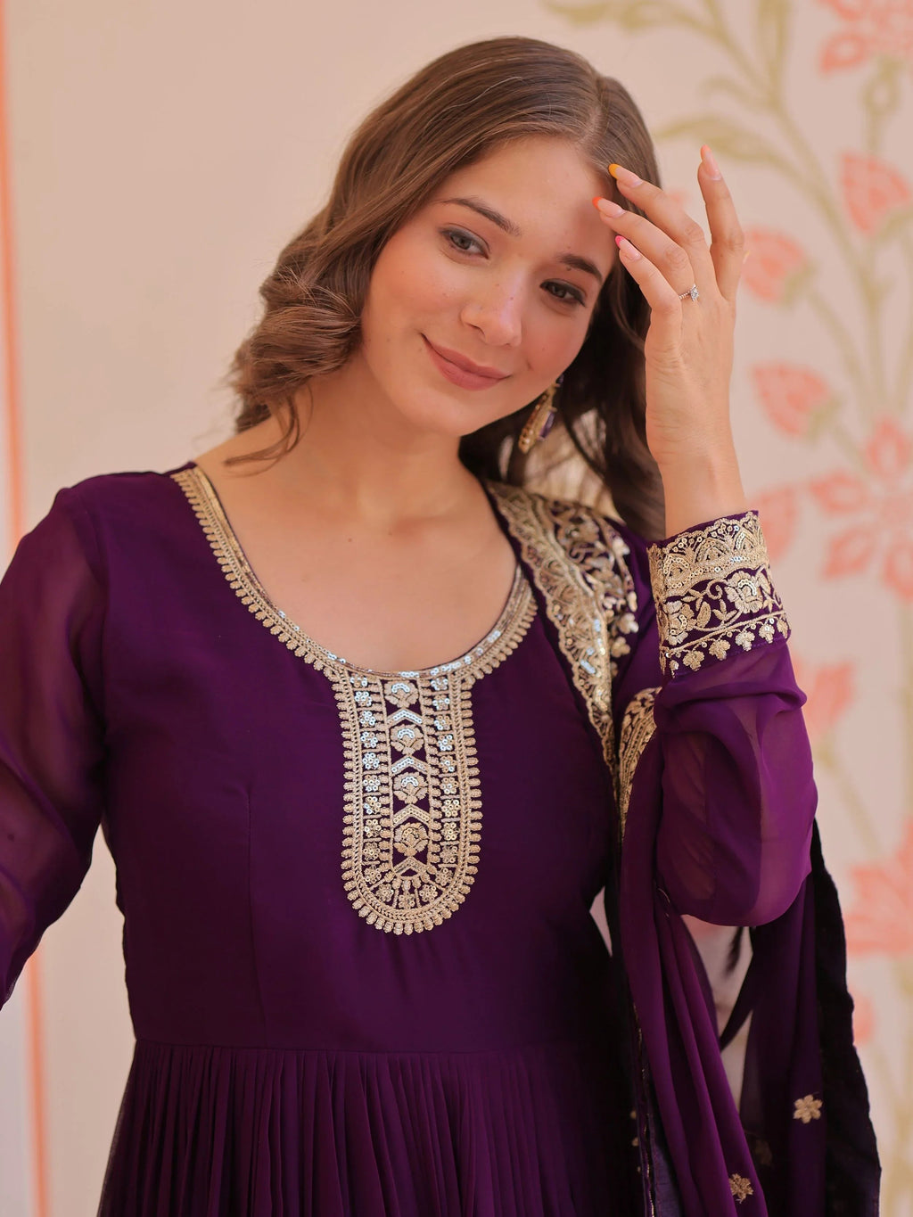 Purple georgette designer gown with zari and sequins embroidery and dupatta