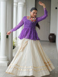 Elegant purple Kora cotton Navratri lehenga set with Bandhani print top and Gota Patti work