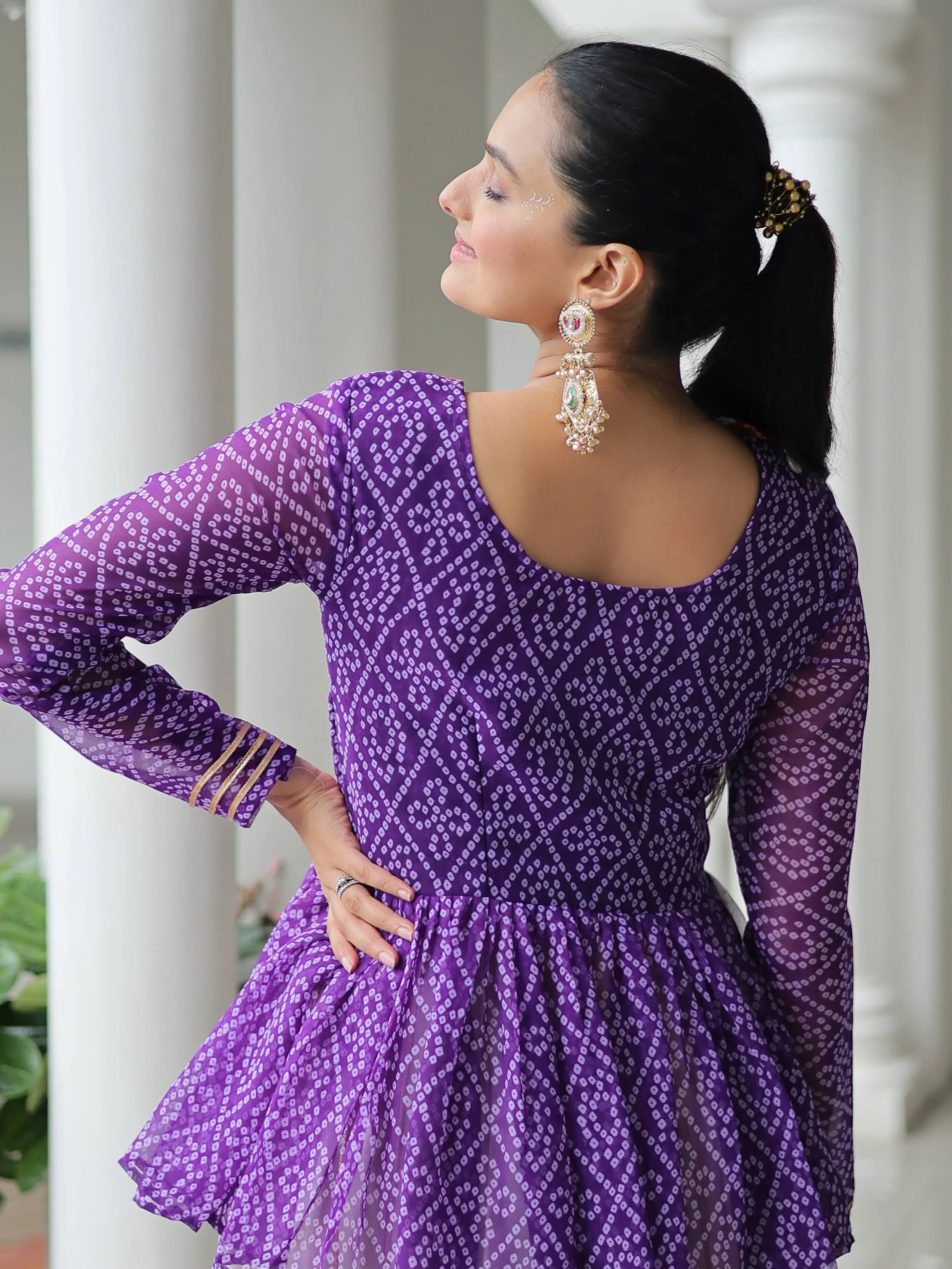 Elegant purple Kora cotton Navratri lehenga set with Bandhani print top and Gota Patti work