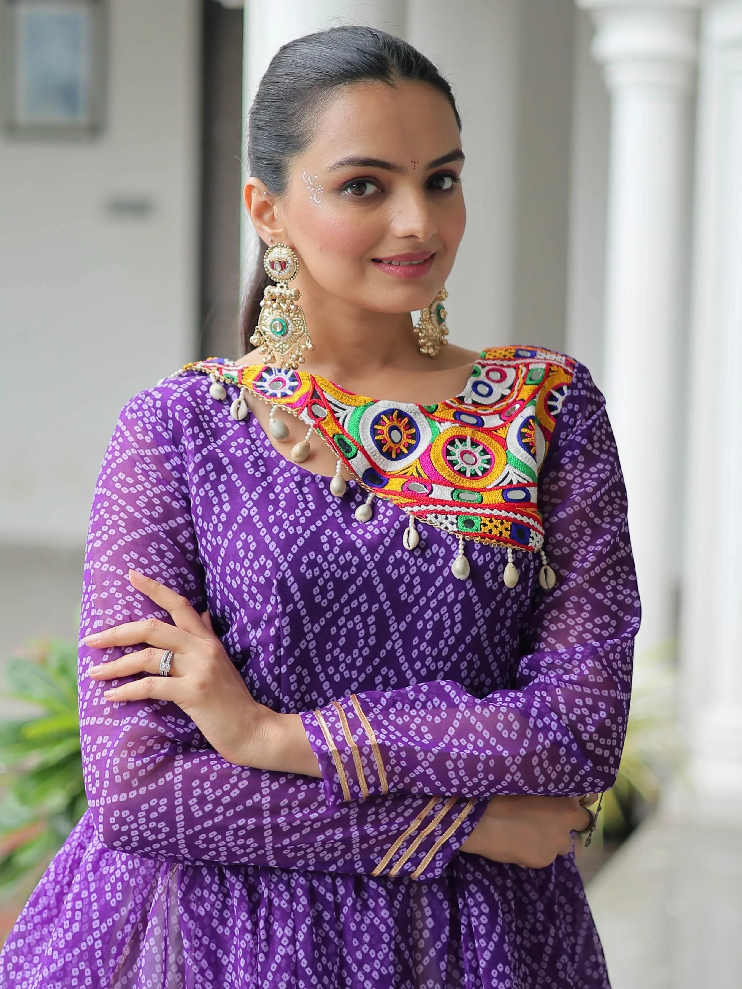 Elegant purple Kora cotton Navratri lehenga set with Bandhani print top and Gota Patti work