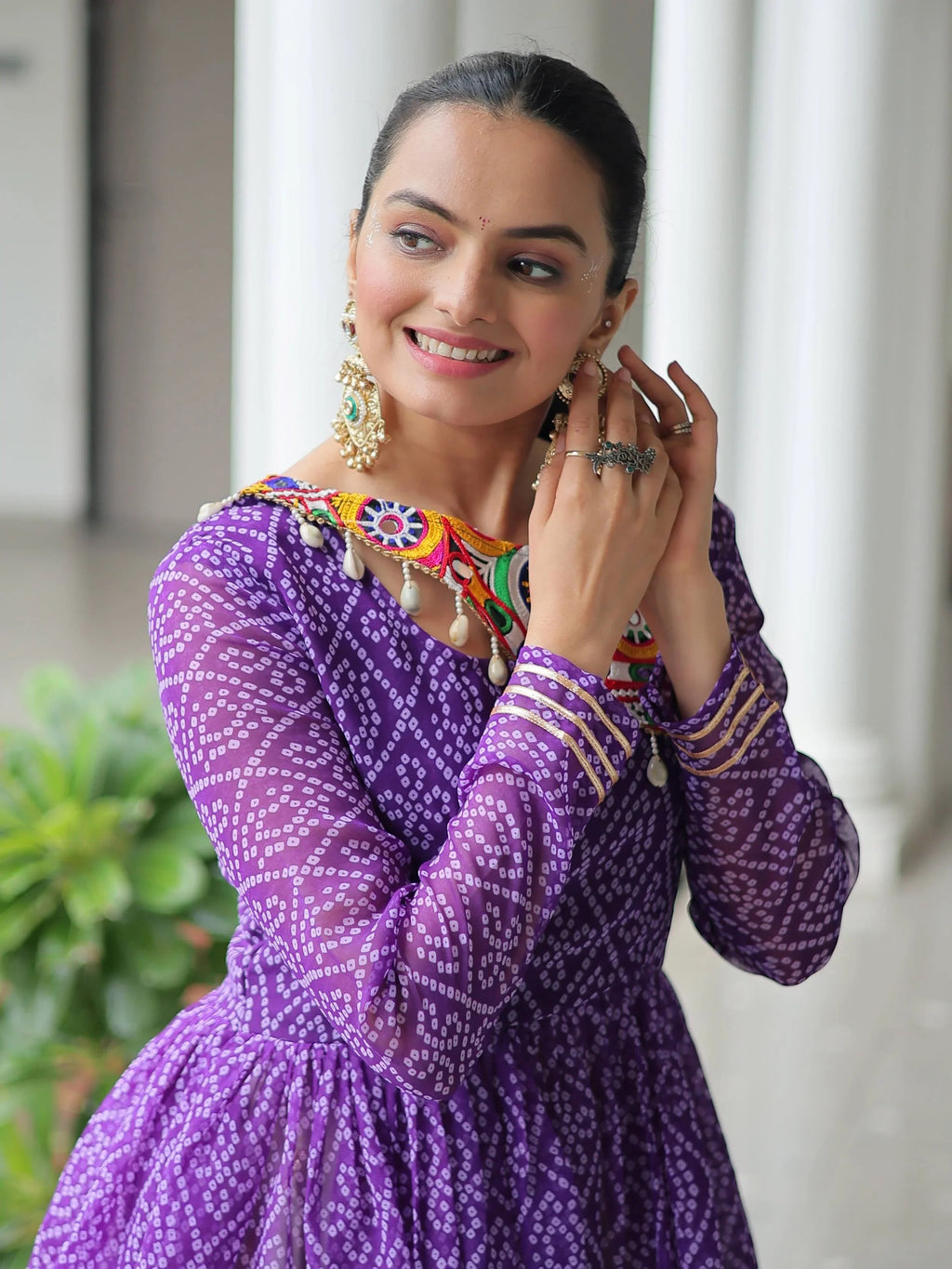 Elegant purple Kora cotton Navratri lehenga set with Bandhani print top and Gota Patti work