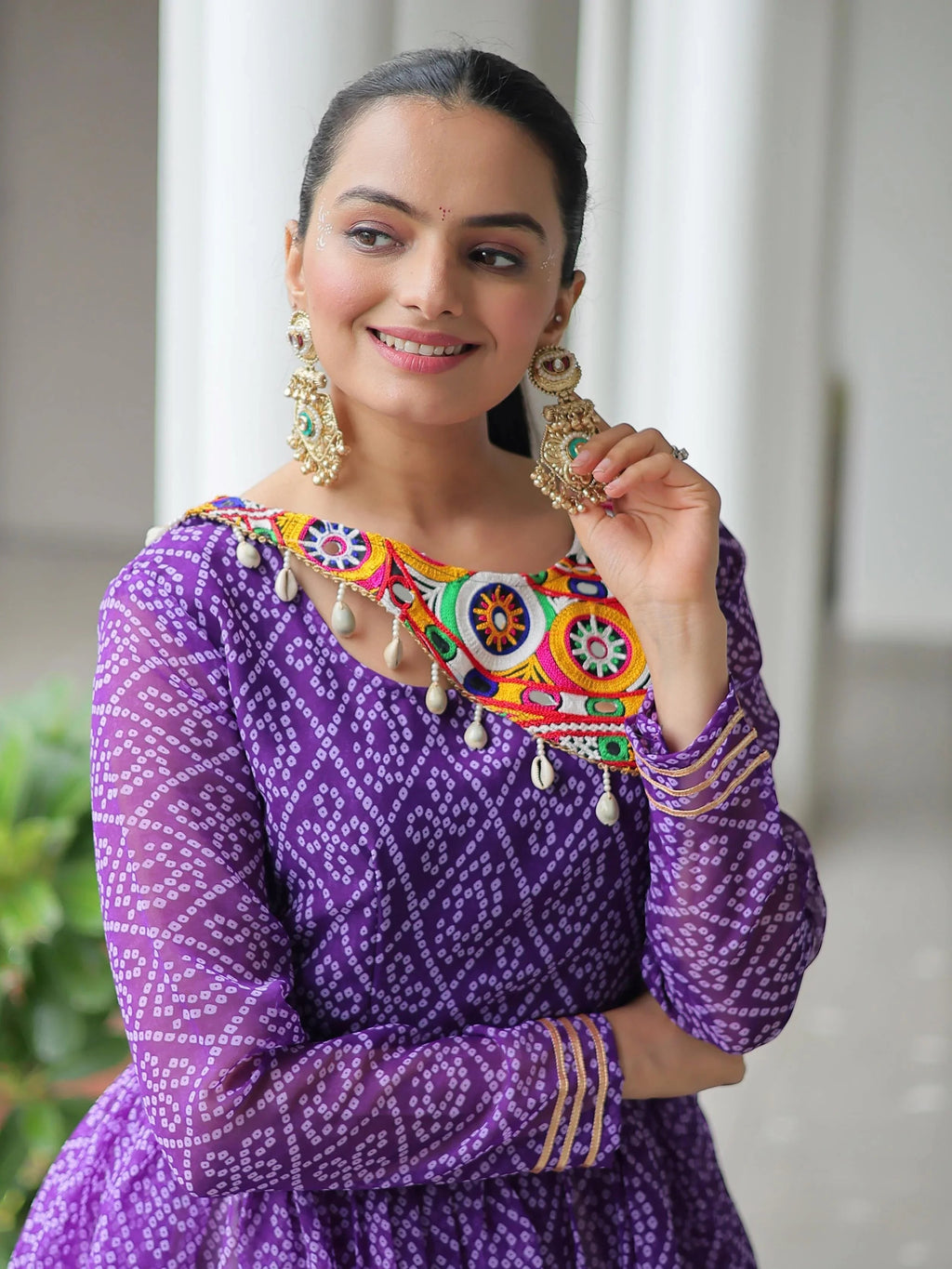 Elegant purple Kora cotton Navratri lehenga set with Bandhani print top and Gota Patti work