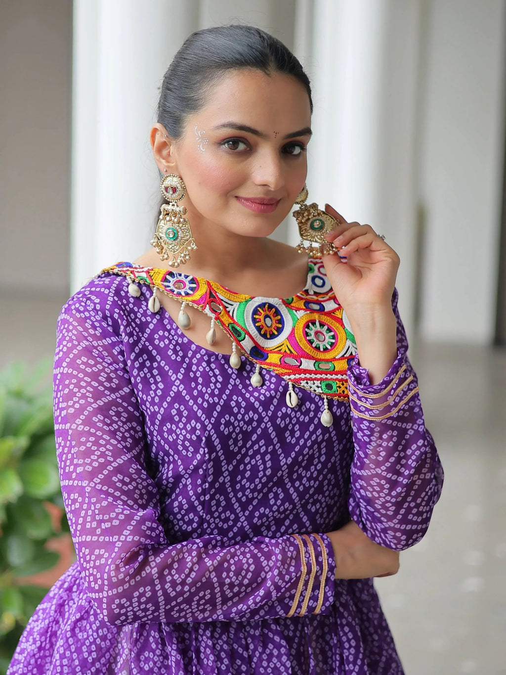 Elegant purple Kora cotton Navratri lehenga set with Bandhani print top and Gota Patti work