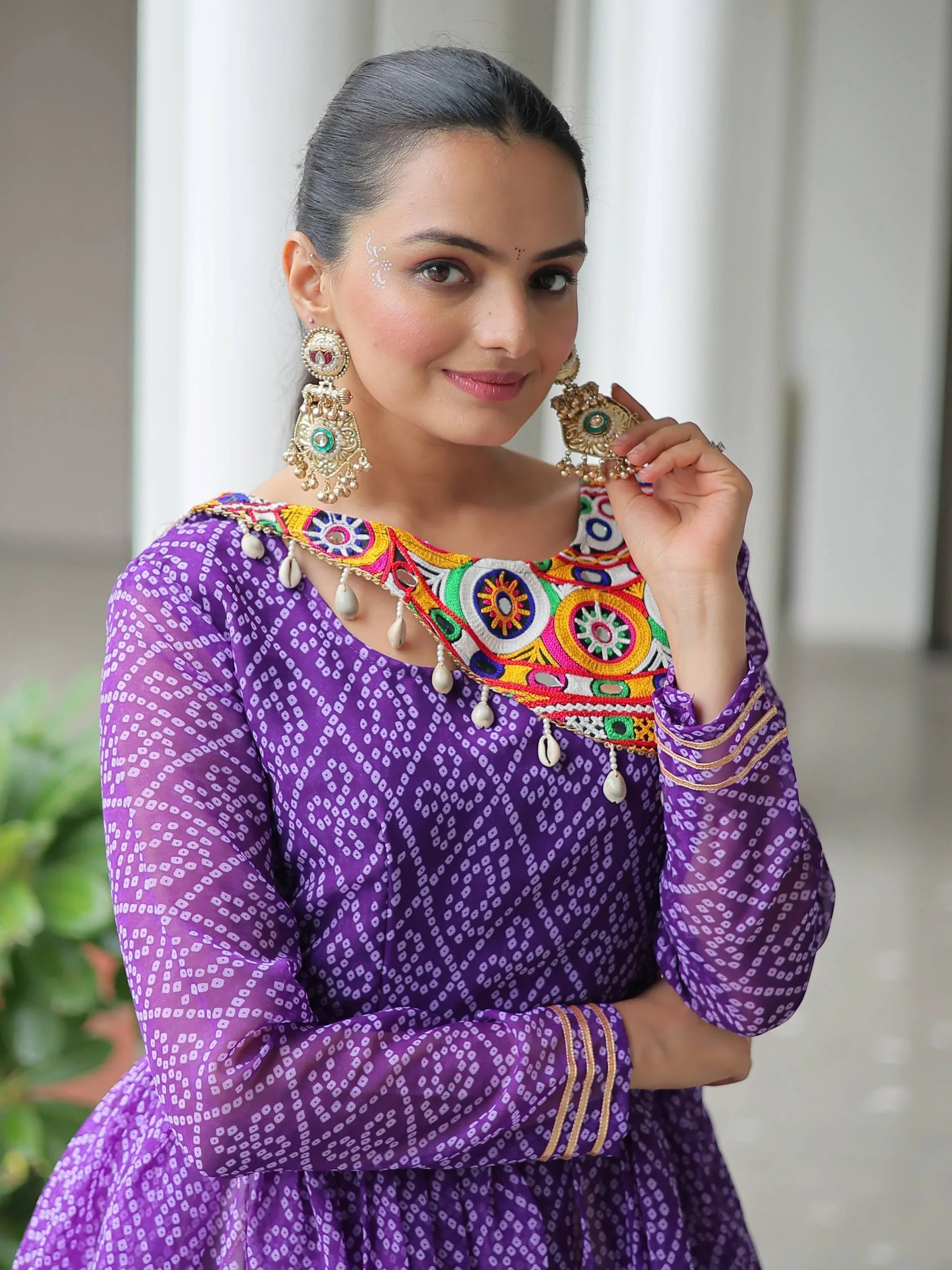 Elegant purple Kora cotton Navratri lehenga set with Bandhani print top and Gota Patti work