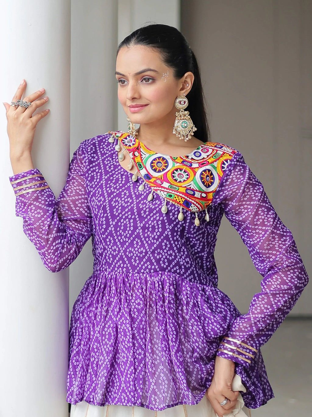 Elegant purple Kora cotton Navratri lehenga set with Bandhani print top and Gota Patti work