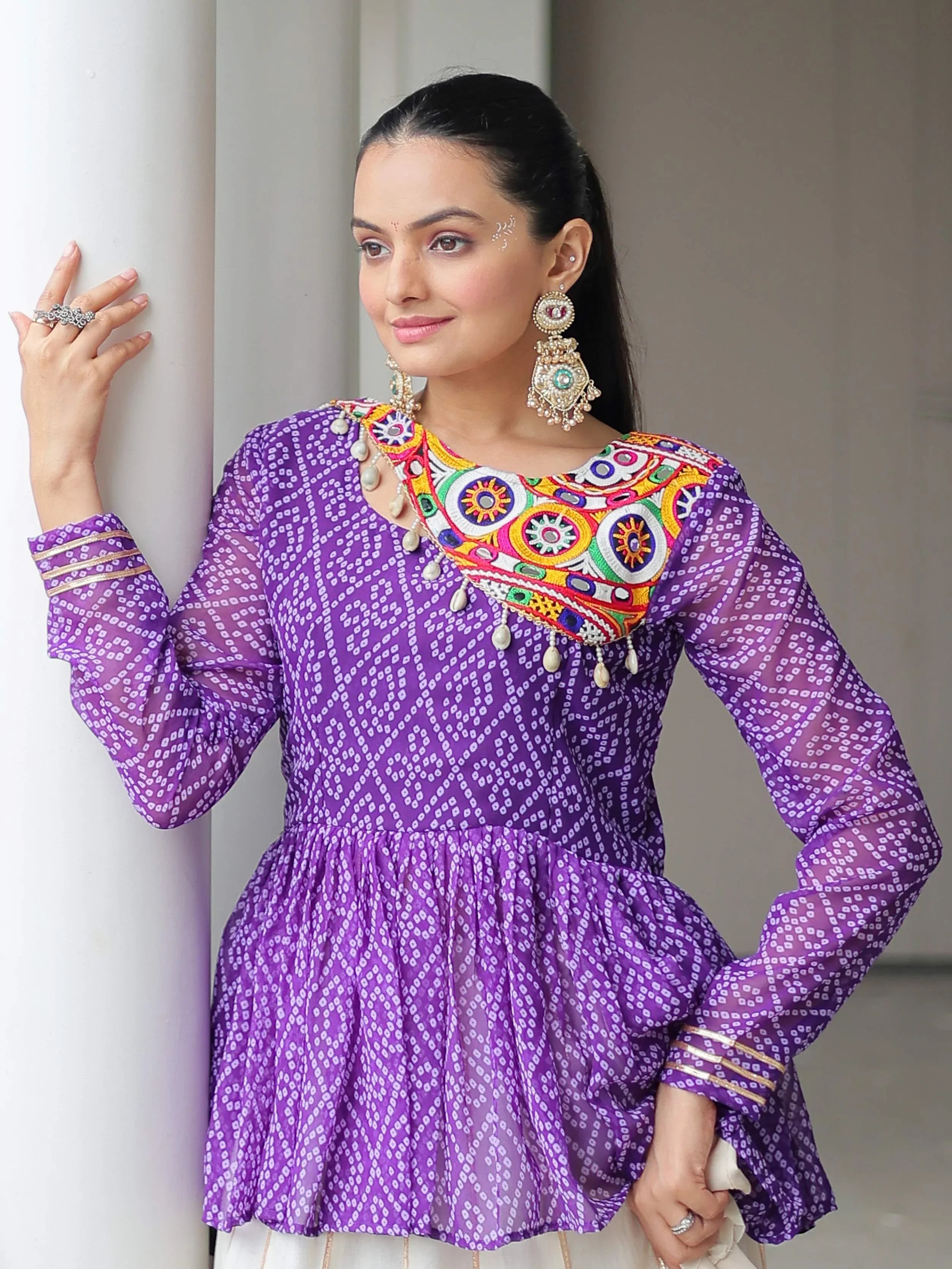 Elegant purple Kora cotton Navratri lehenga set with Bandhani print top and Gota Patti work