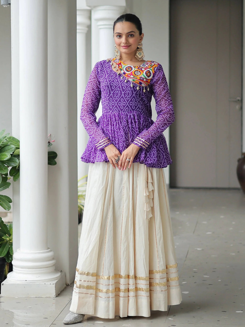 Elegant purple Kora cotton Navratri lehenga set with Bandhani print top and Gota Patti work