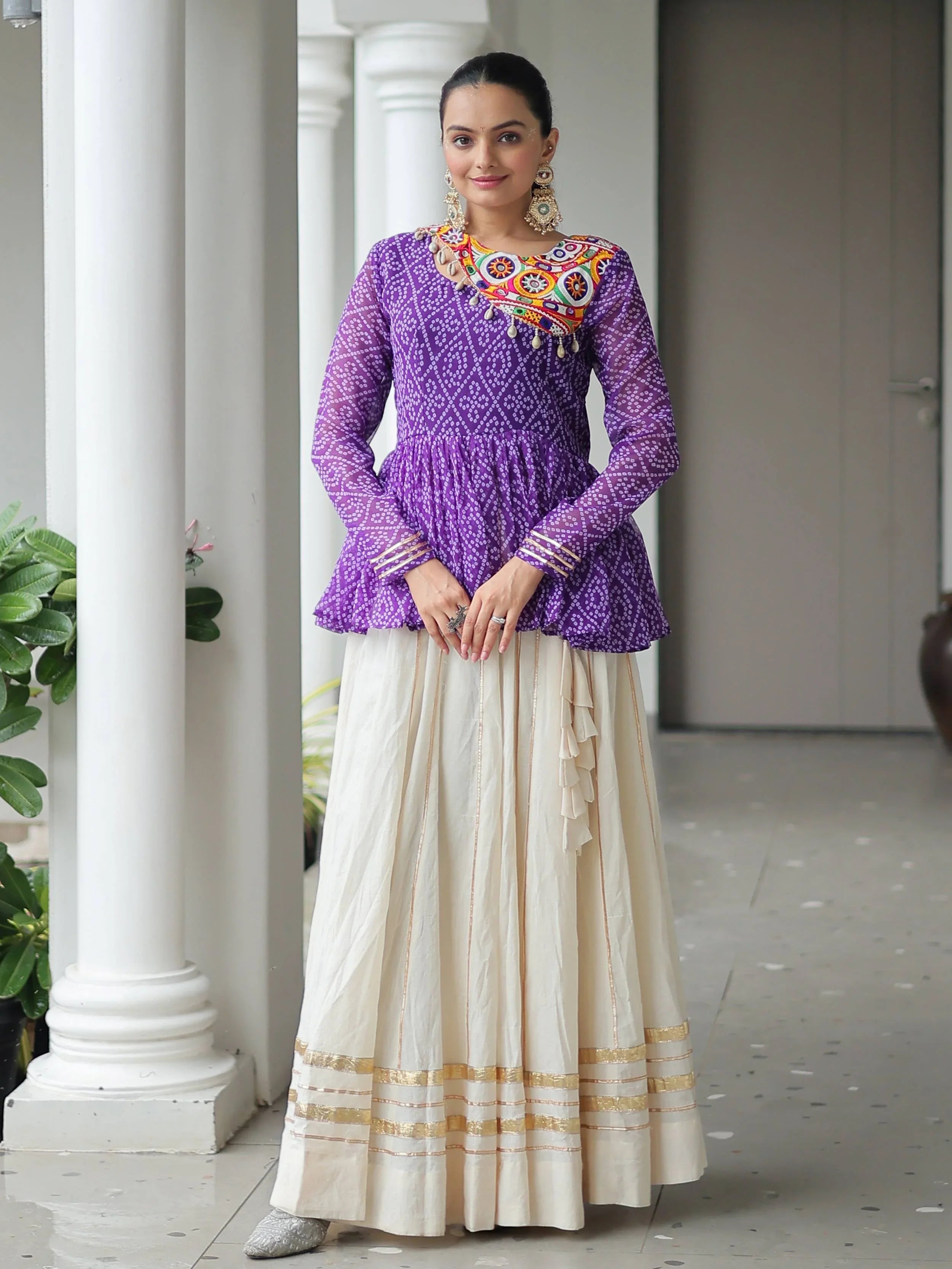 Elegant purple Kora cotton Navratri lehenga set with Bandhani print top and Gota Patti work