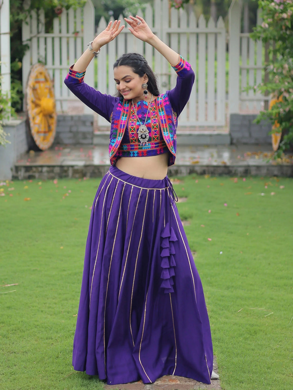 Purple Kutchi Gamthi embroidered Gota Patti lace lehenga choli with koti