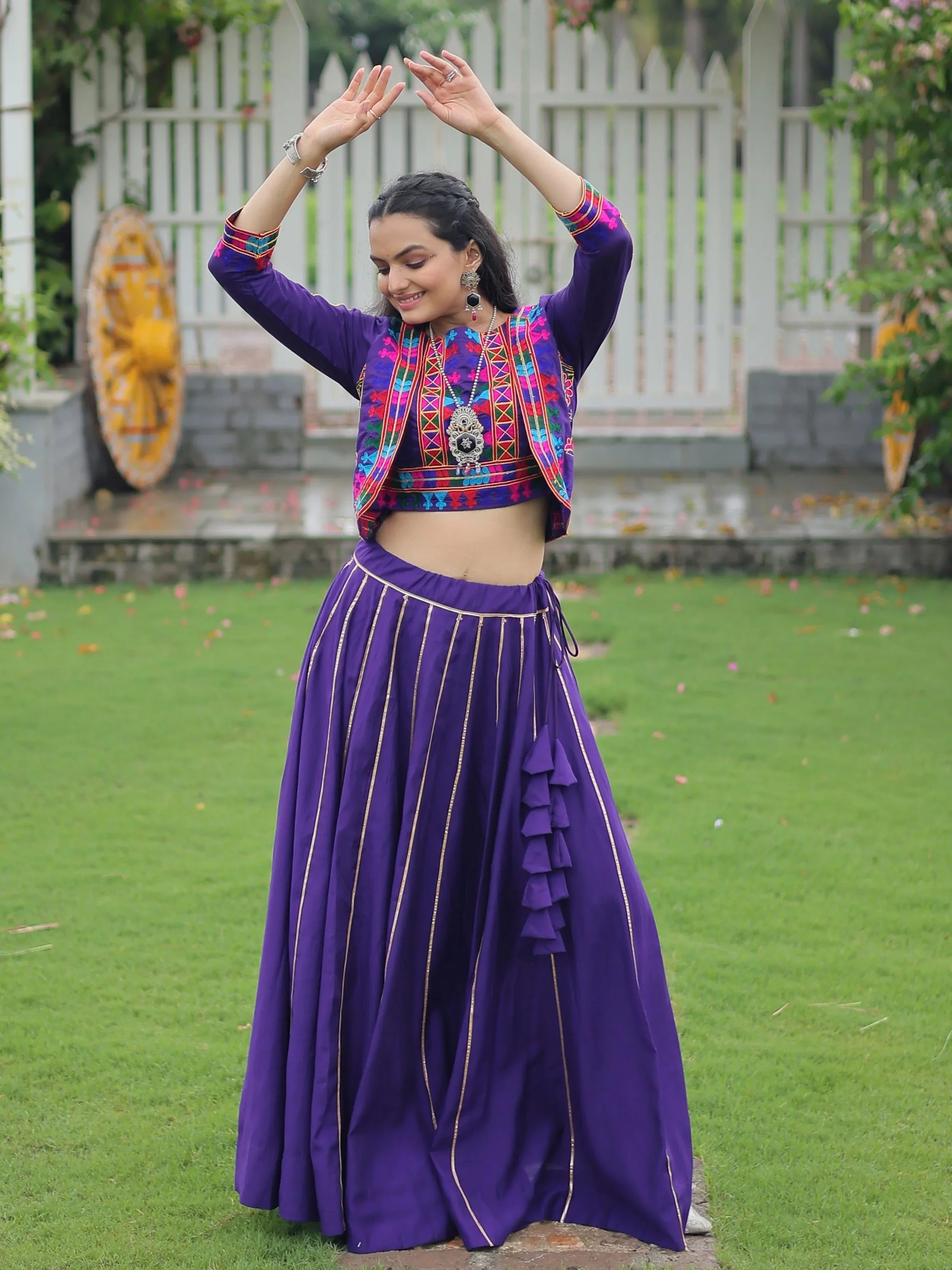 Purple Kutchi Gamthi embroidered Gota Patti lace lehenga choli with koti
