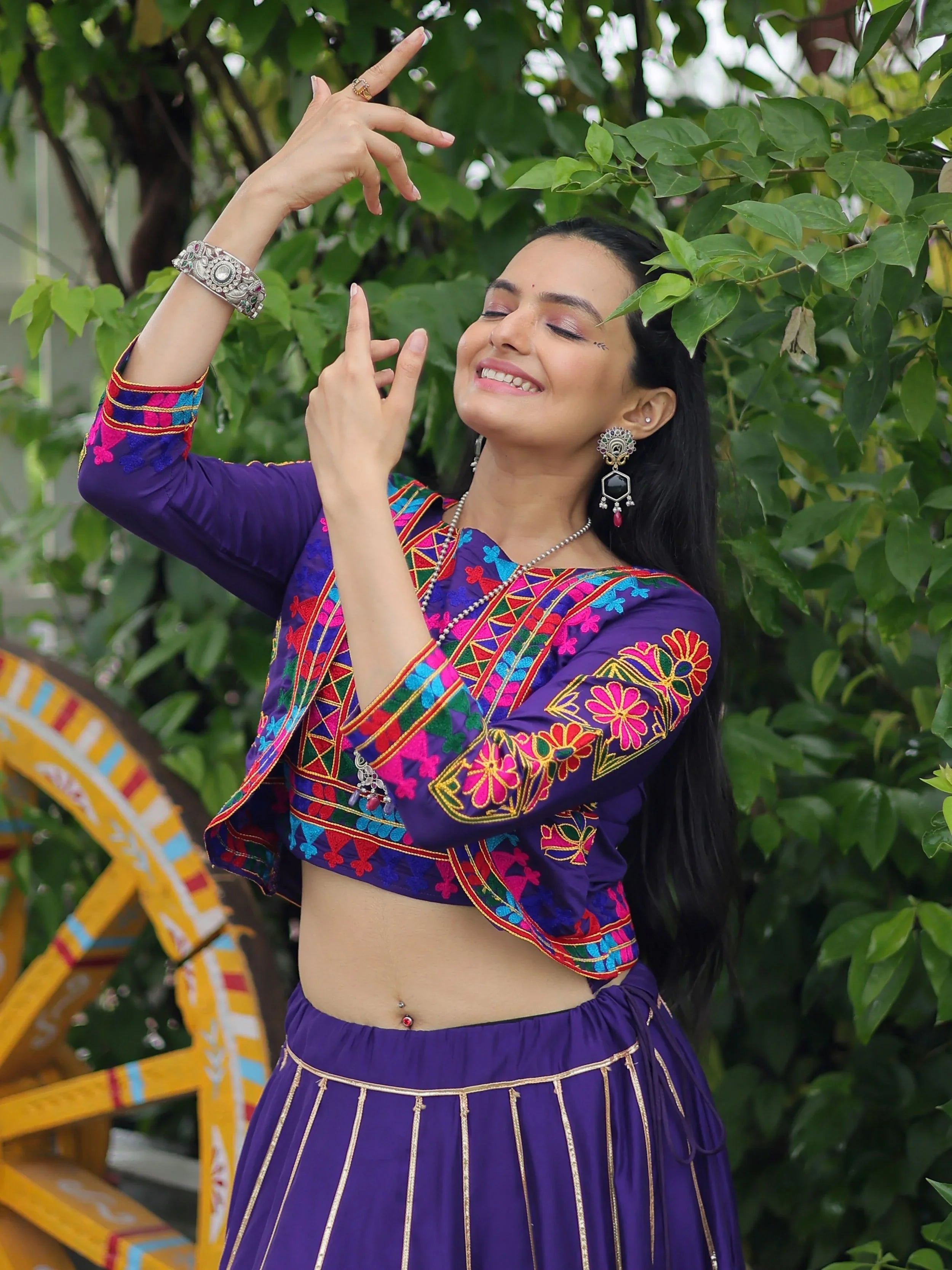 Purple Kutchi Gamthi embroidered Gota Patti lace lehenga choli with koti