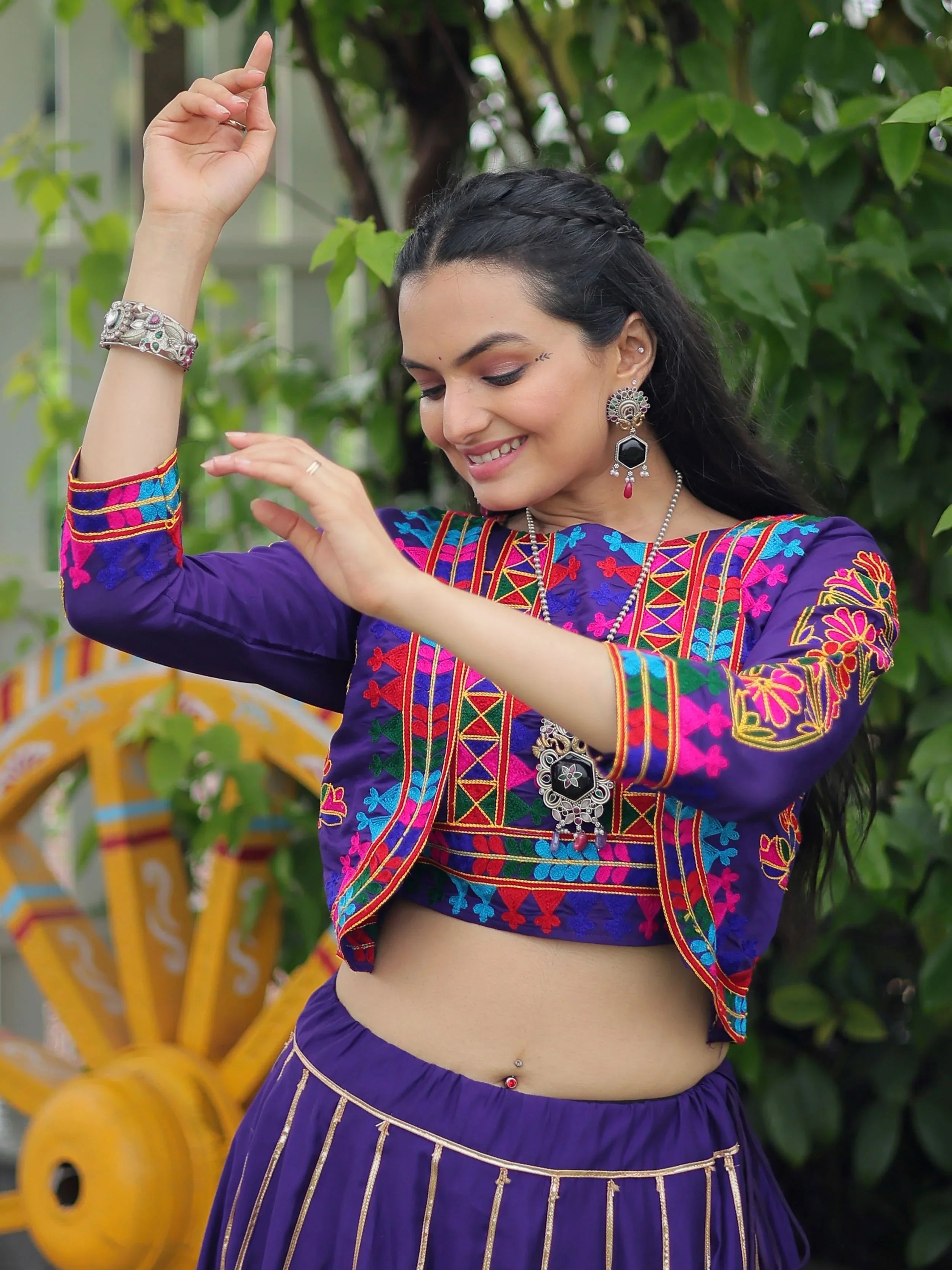 Purple Kutchi Gamthi embroidered Gota Patti lace lehenga choli with koti