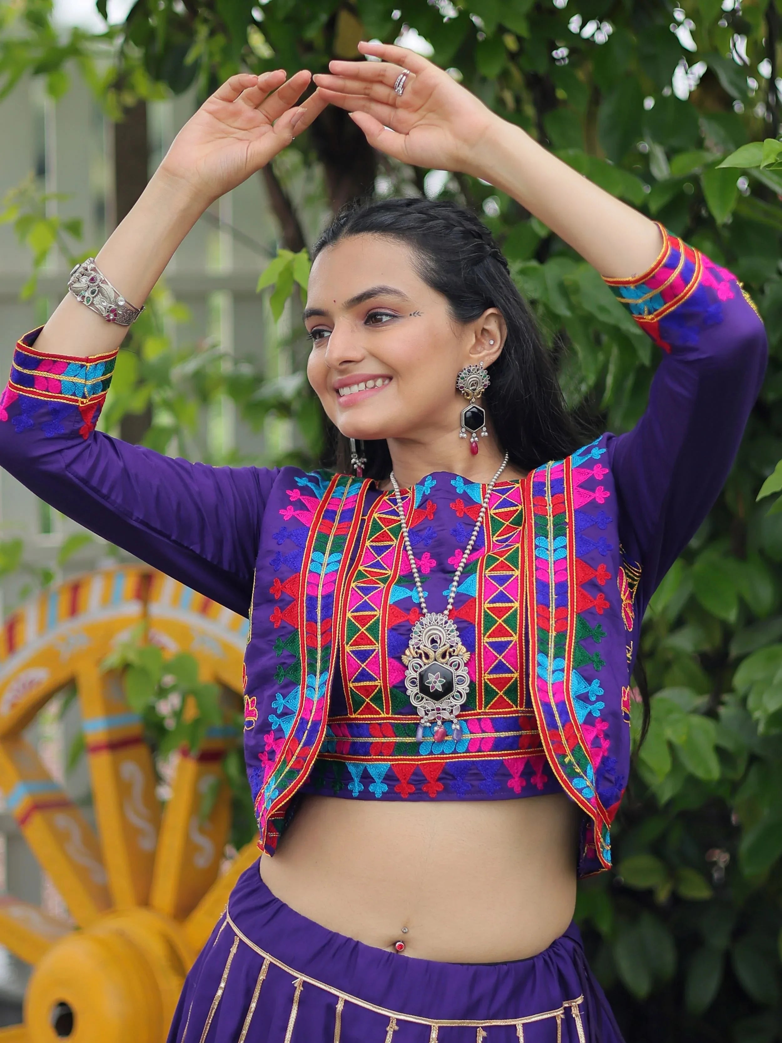 Purple Kutchi Gamthi embroidered Gota Patti lace lehenga choli with koti