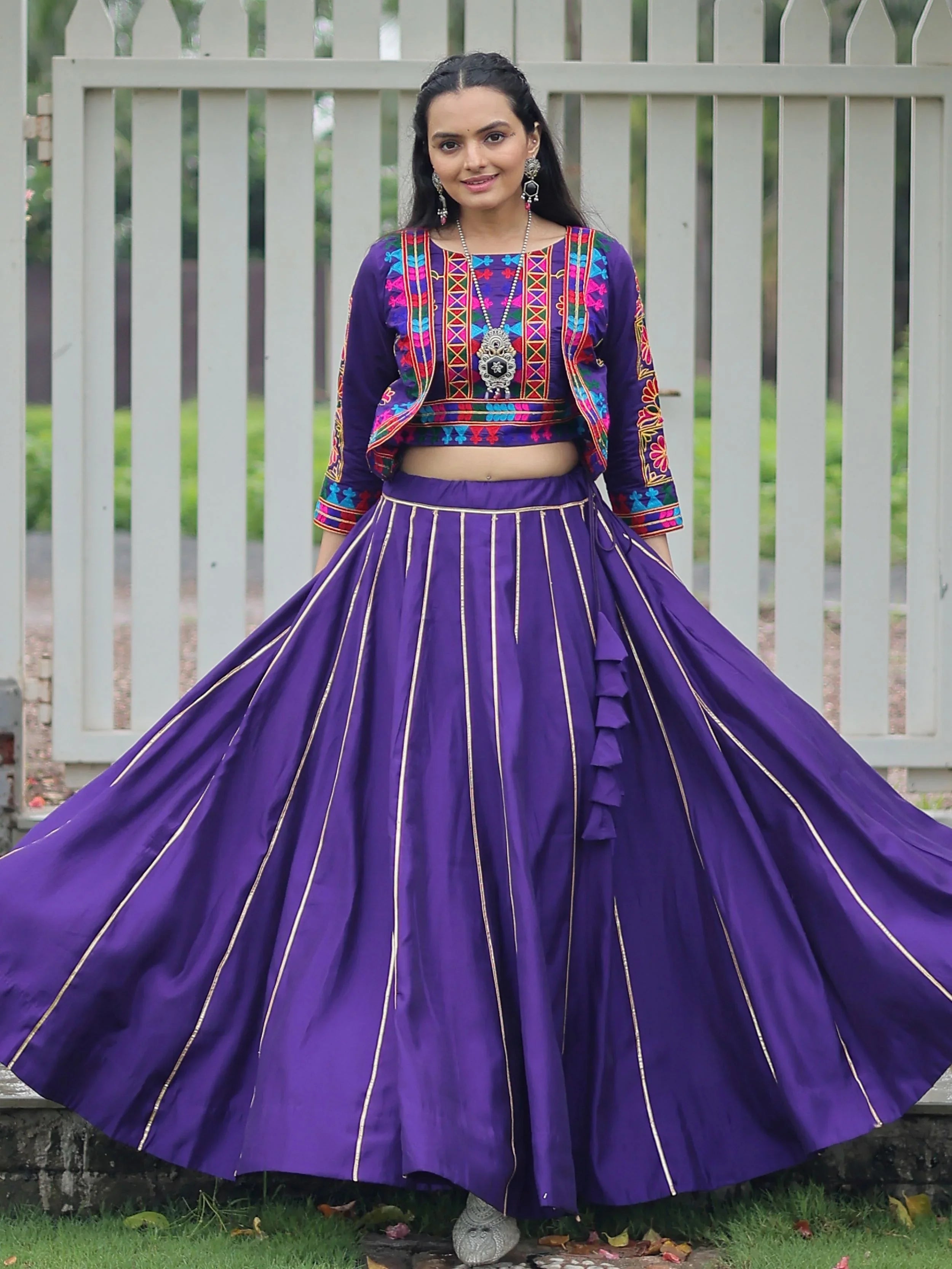 Purple Kutchi Gamthi embroidered Gota Patti lace lehenga choli with koti