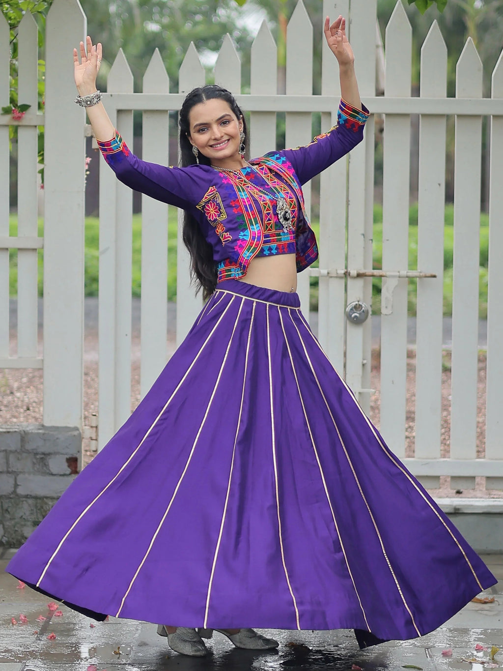 Purple Kutchi Gamthi embroidered Gota Patti lace lehenga choli with koti