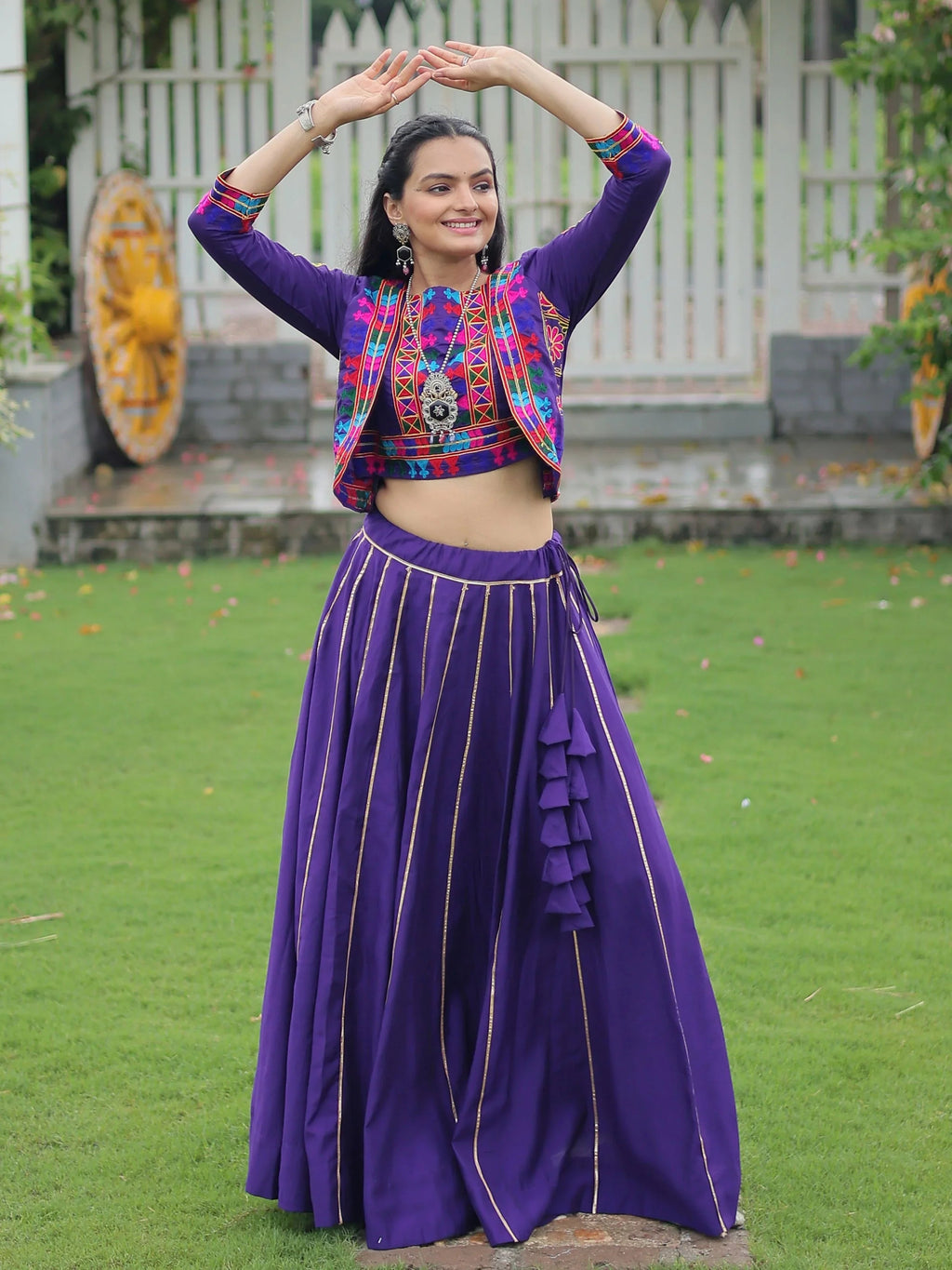 Purple Kutchi Gamthi embroidered Gota Patti lace lehenga choli with koti