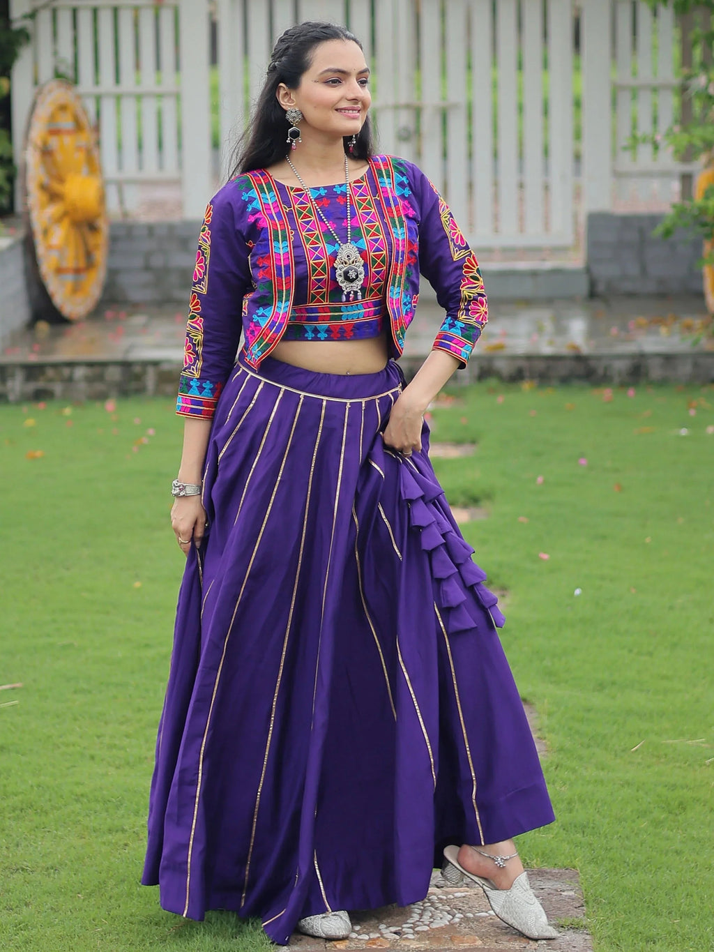 Purple Kutchi Gamthi embroidered Gota Patti lace lehenga choli with koti