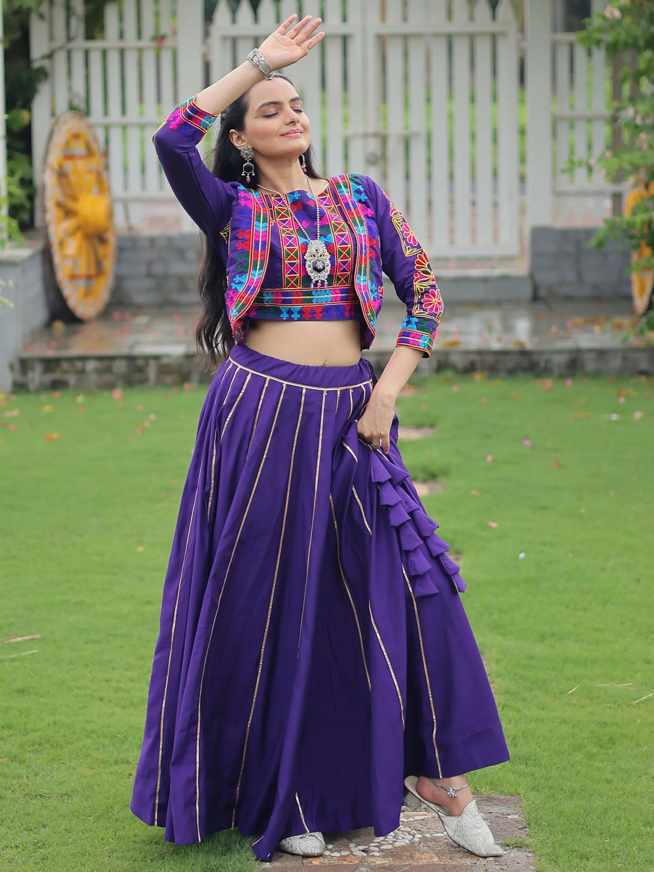 Purple Kutchi Gamthi embroidered Gota Patti lace lehenga choli with koti