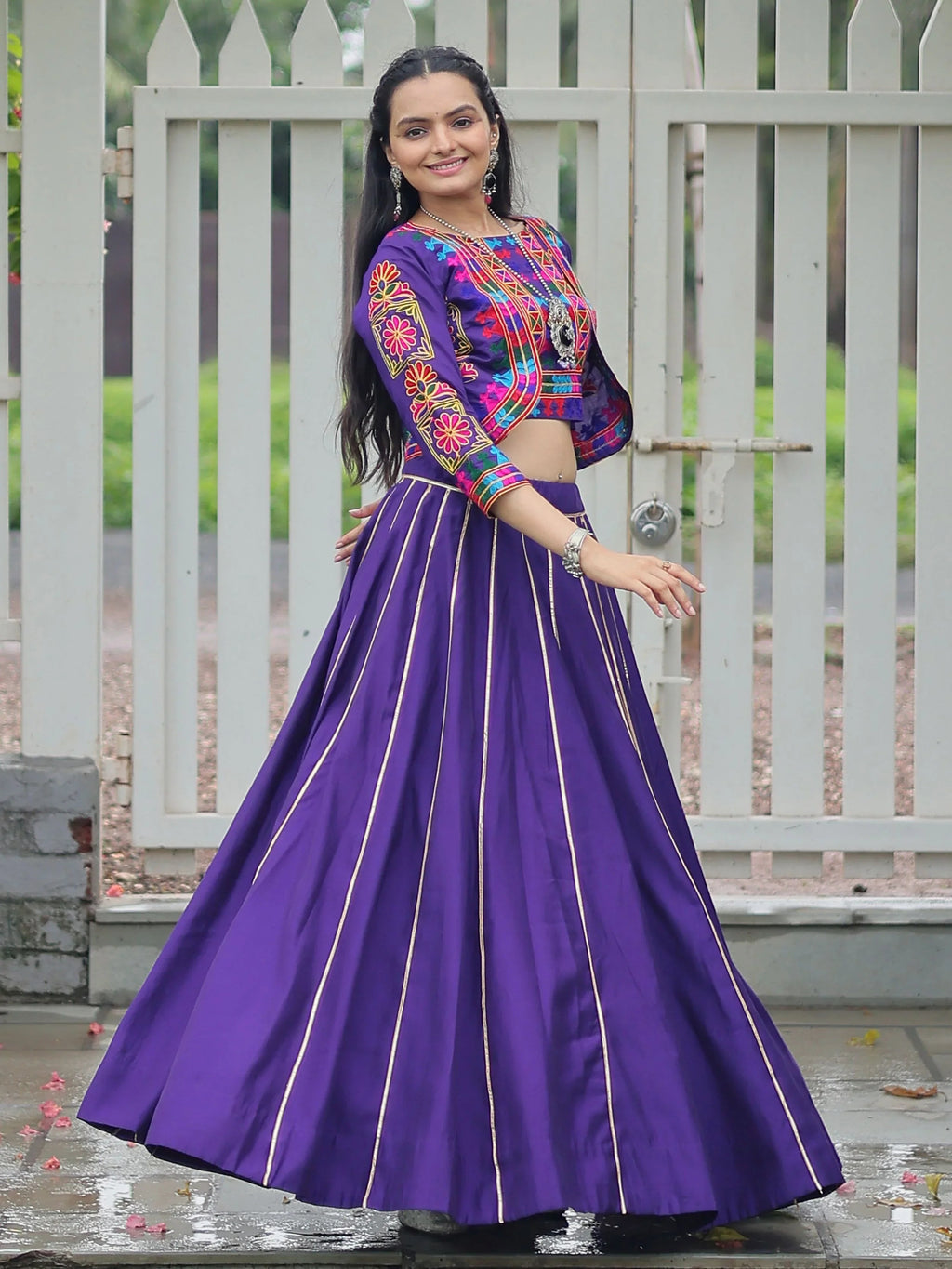 Purple Kutchi Gamthi embroidered Gota Patti lace lehenga choli with koti