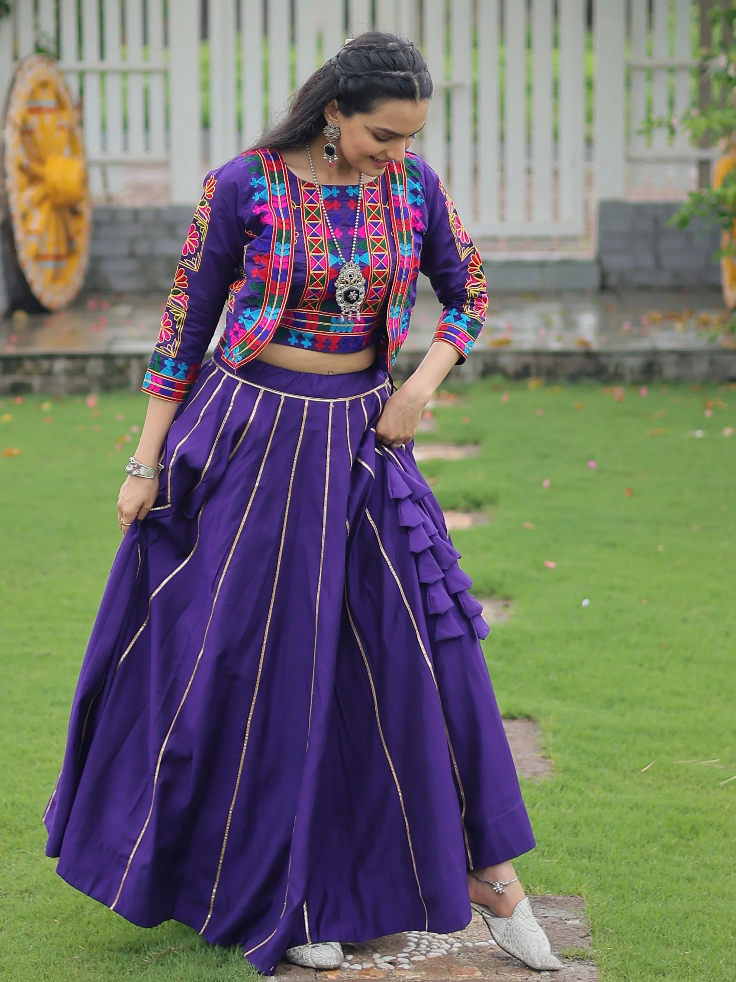 Purple Kutchi Gamthi embroidered Gota Patti lace lehenga choli with koti