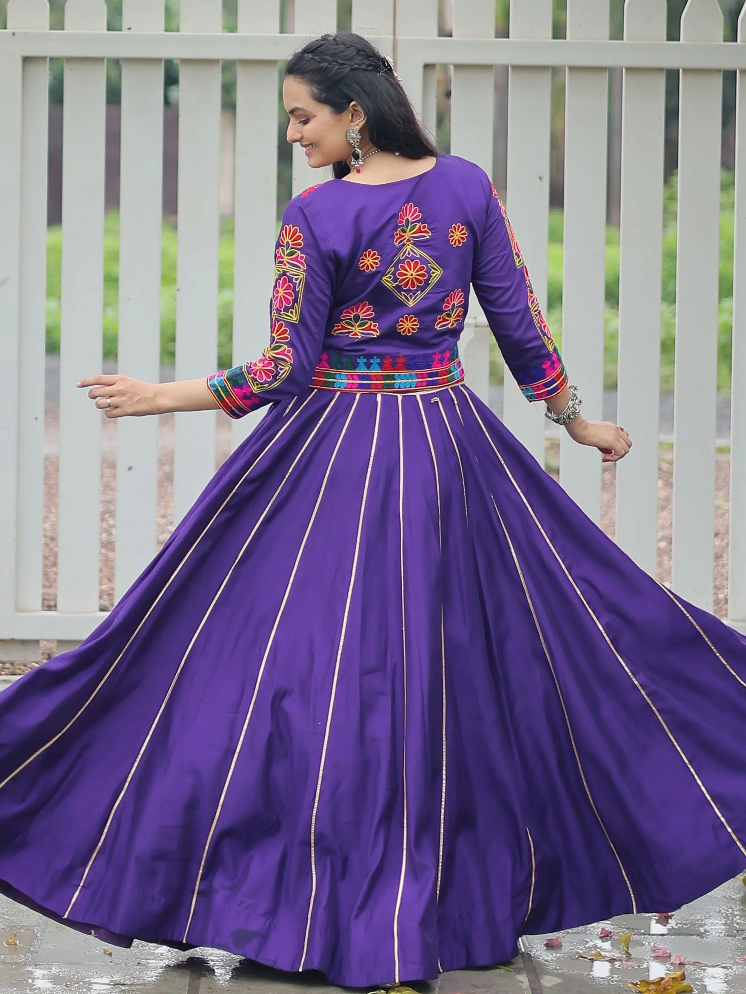 Purple Kutchi Gamthi embroidered Gota Patti lace lehenga choli with koti