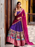 Purple poly Chanderi Kalamkari print zari weaving half saree lehenga