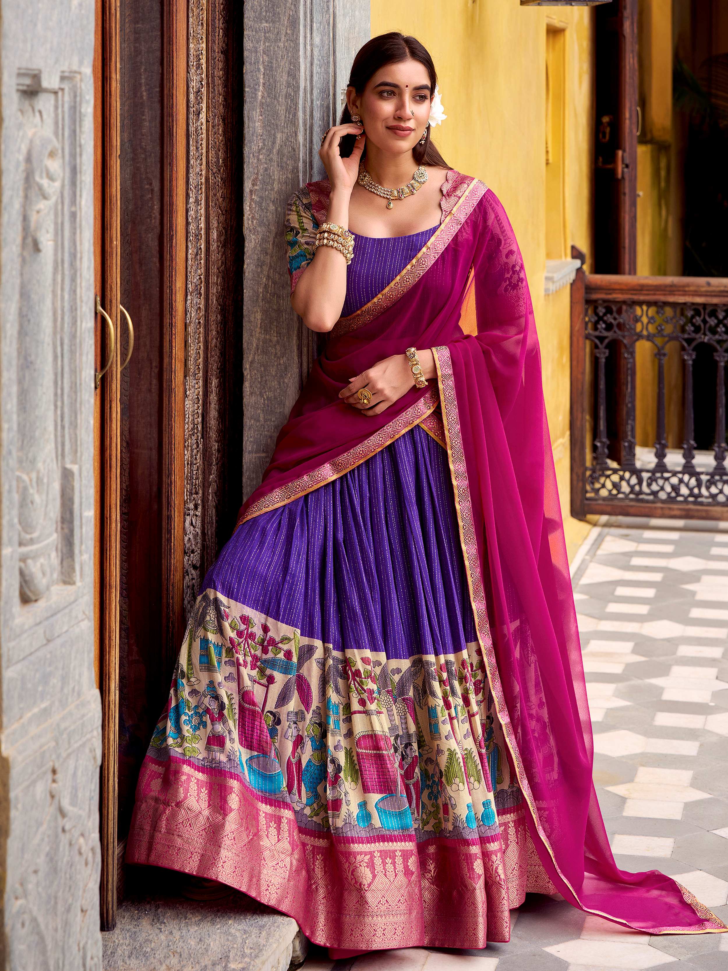 Purple poly Chanderi Kalamkari print zari weaving half saree lehenga