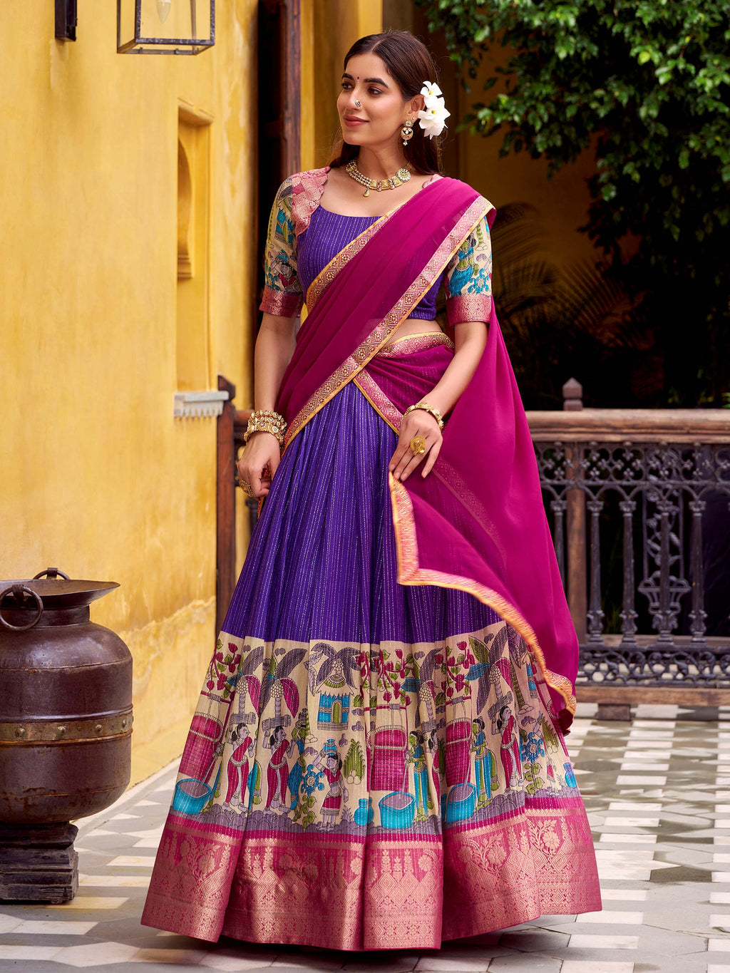 Purple poly Chanderi Kalamkari print zari weaving half saree lehenga