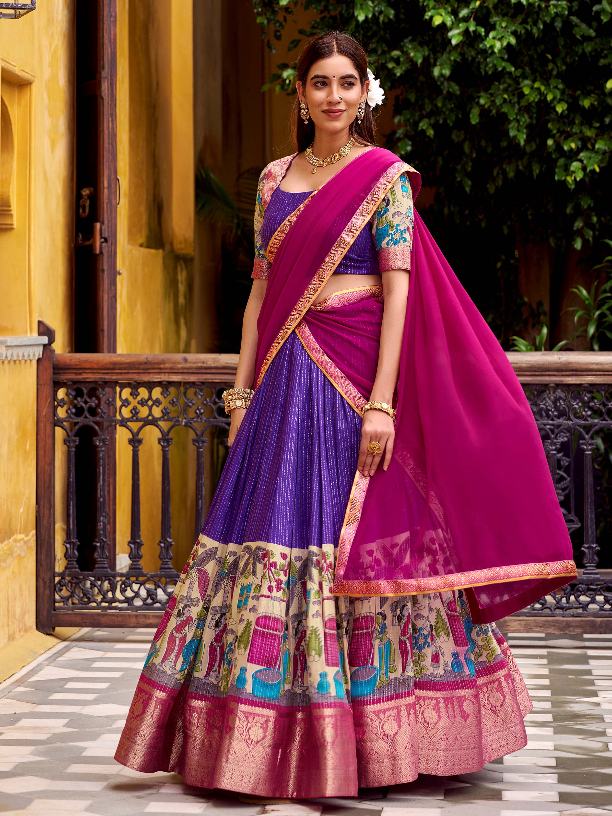 Purple poly Chanderi Kalamkari print zari weaving half saree lehenga
