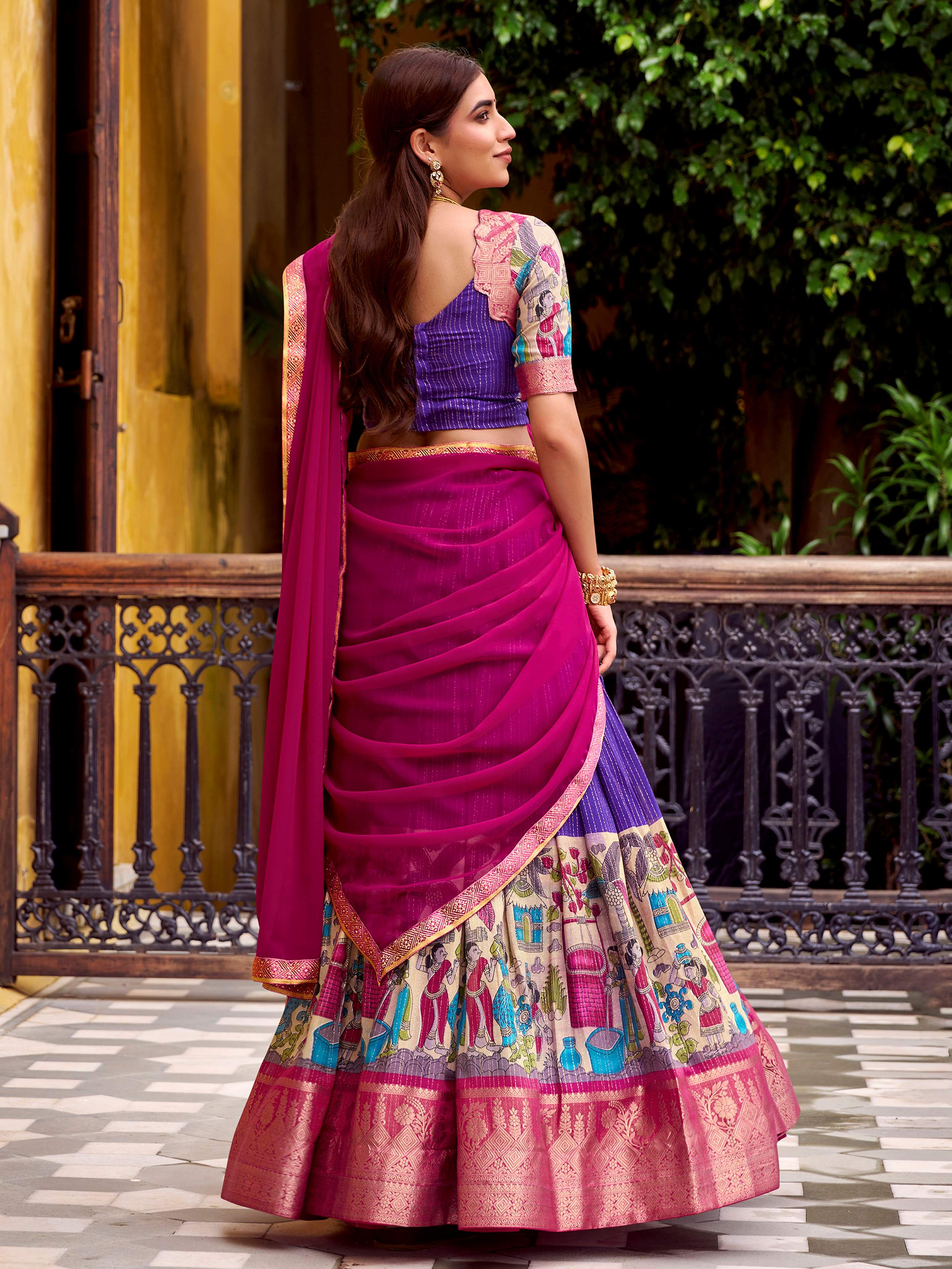 Purple poly Chanderi Kalamkari print zari weaving half saree lehenga