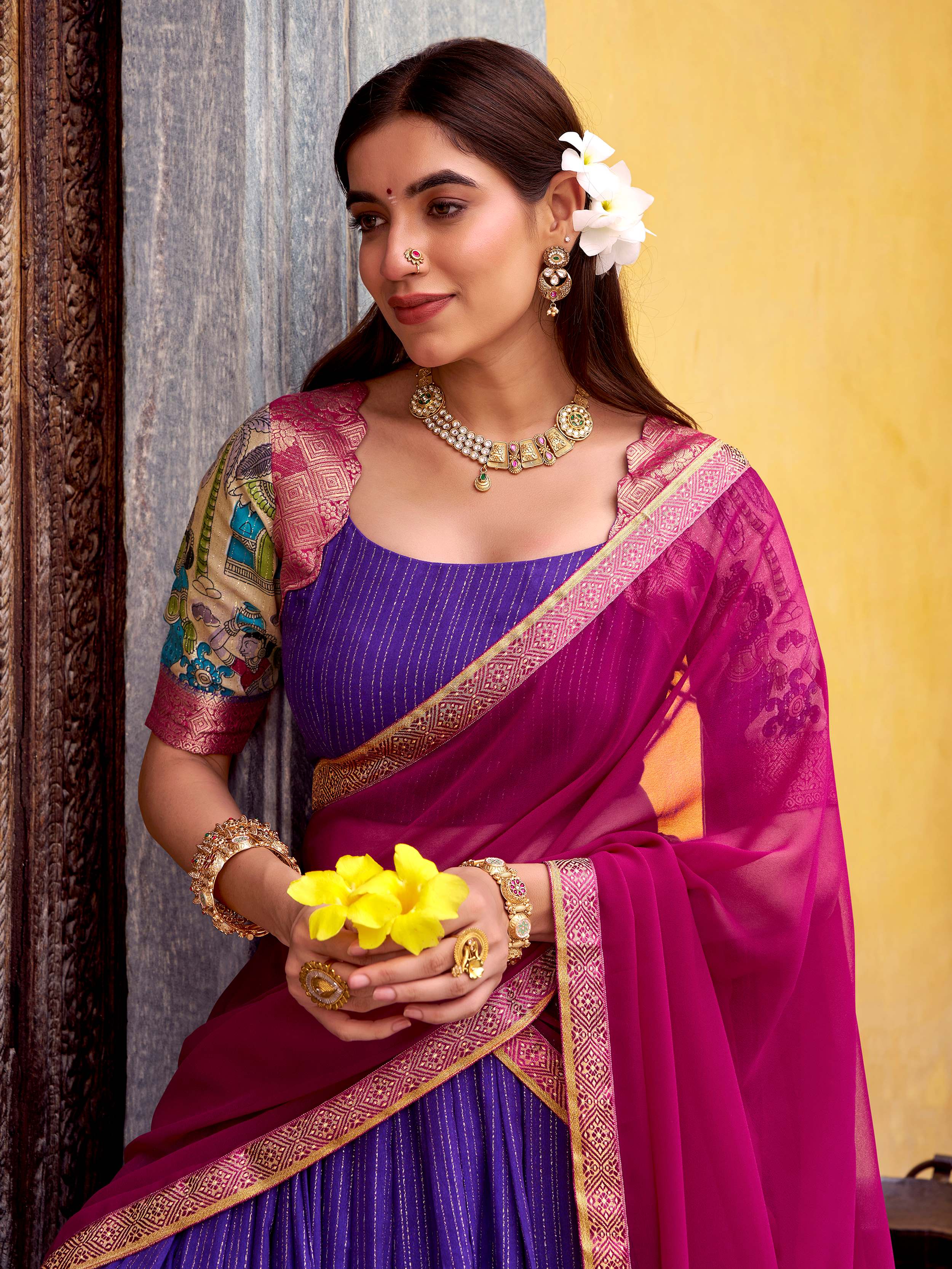 Purple poly Chanderi Kalamkari print zari weaving half saree lehenga
