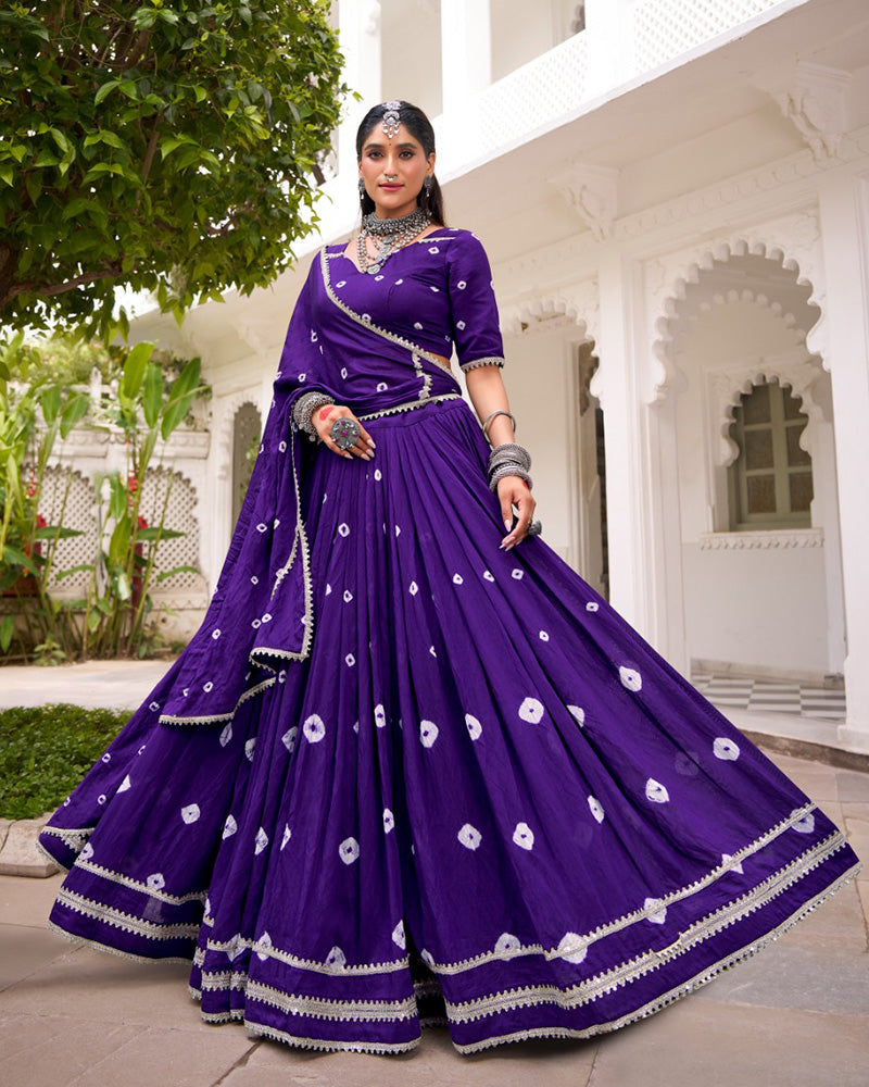 Purple pure Chanderi Bandhej print lace work lehenga choli
