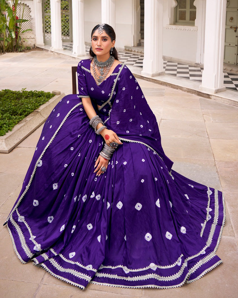 Purple pure Chanderi Bandhej print lace work lehenga choli