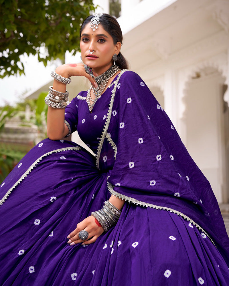 Purple pure Chanderi Bandhej print lace work lehenga choli