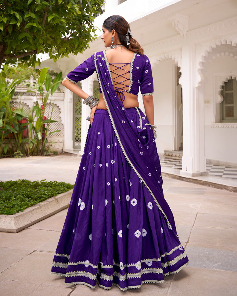 Purple pure Chanderi Bandhej print lace work lehenga choli