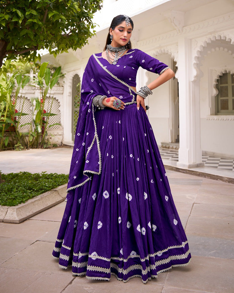 Purple pure Chanderi Bandhej print lace work lehenga choli