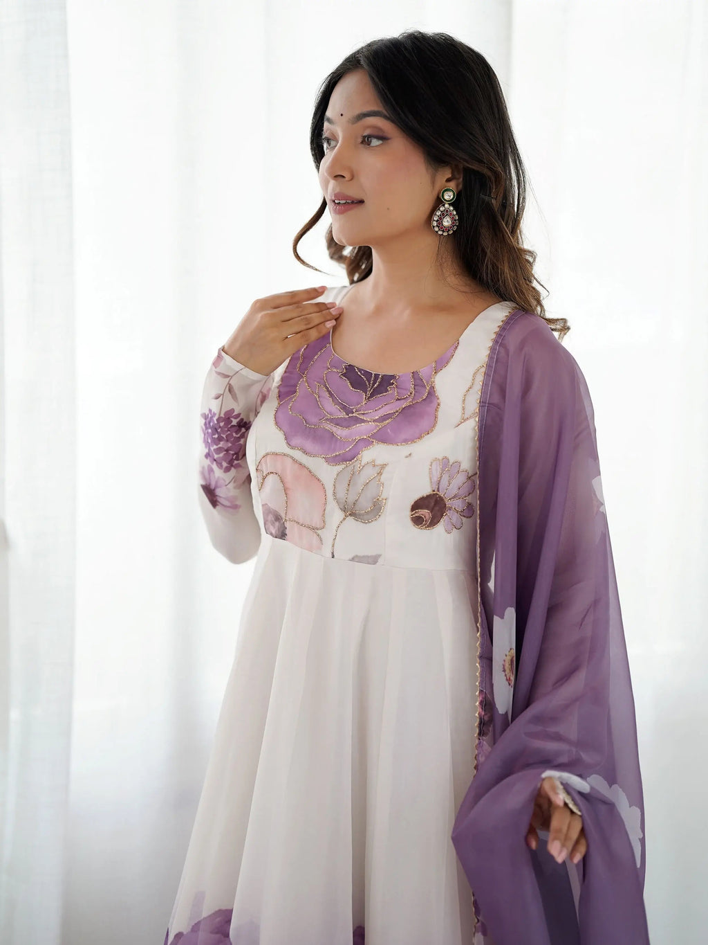 Purple pure organza silk floral Anarkali suit set