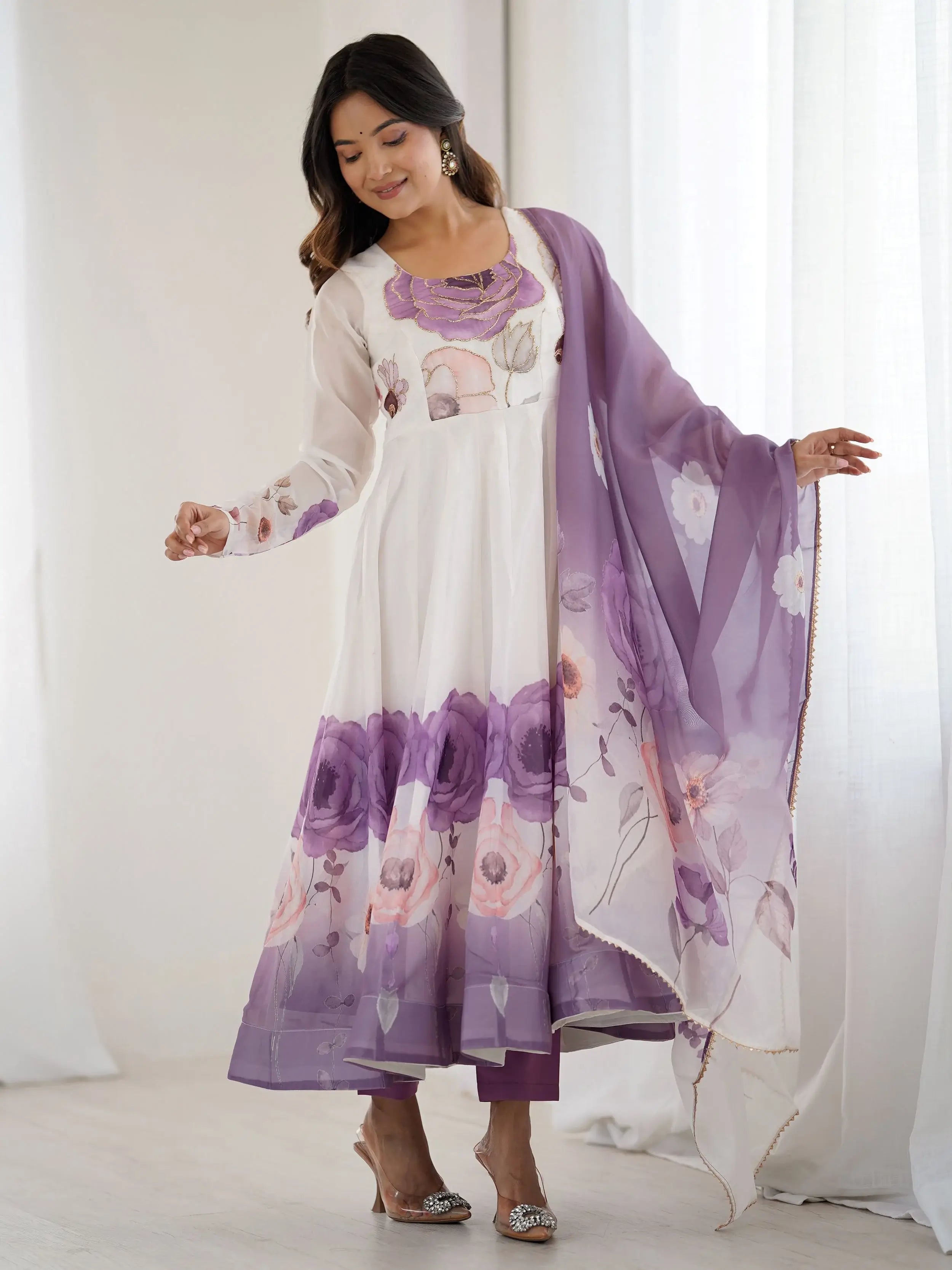 Purple pure organza silk floral Anarkali suit set