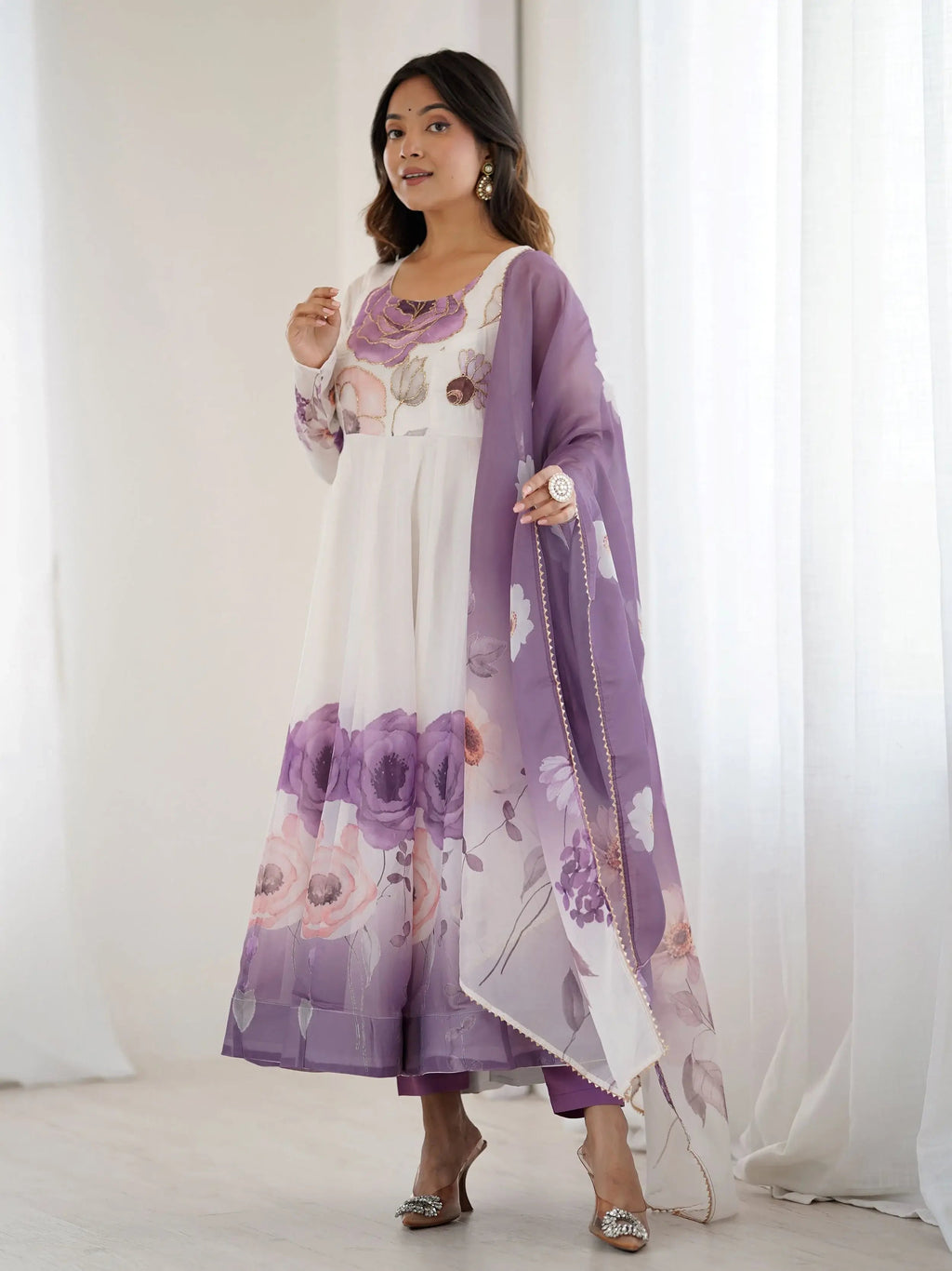 Purple pure organza silk floral Anarkali suit set