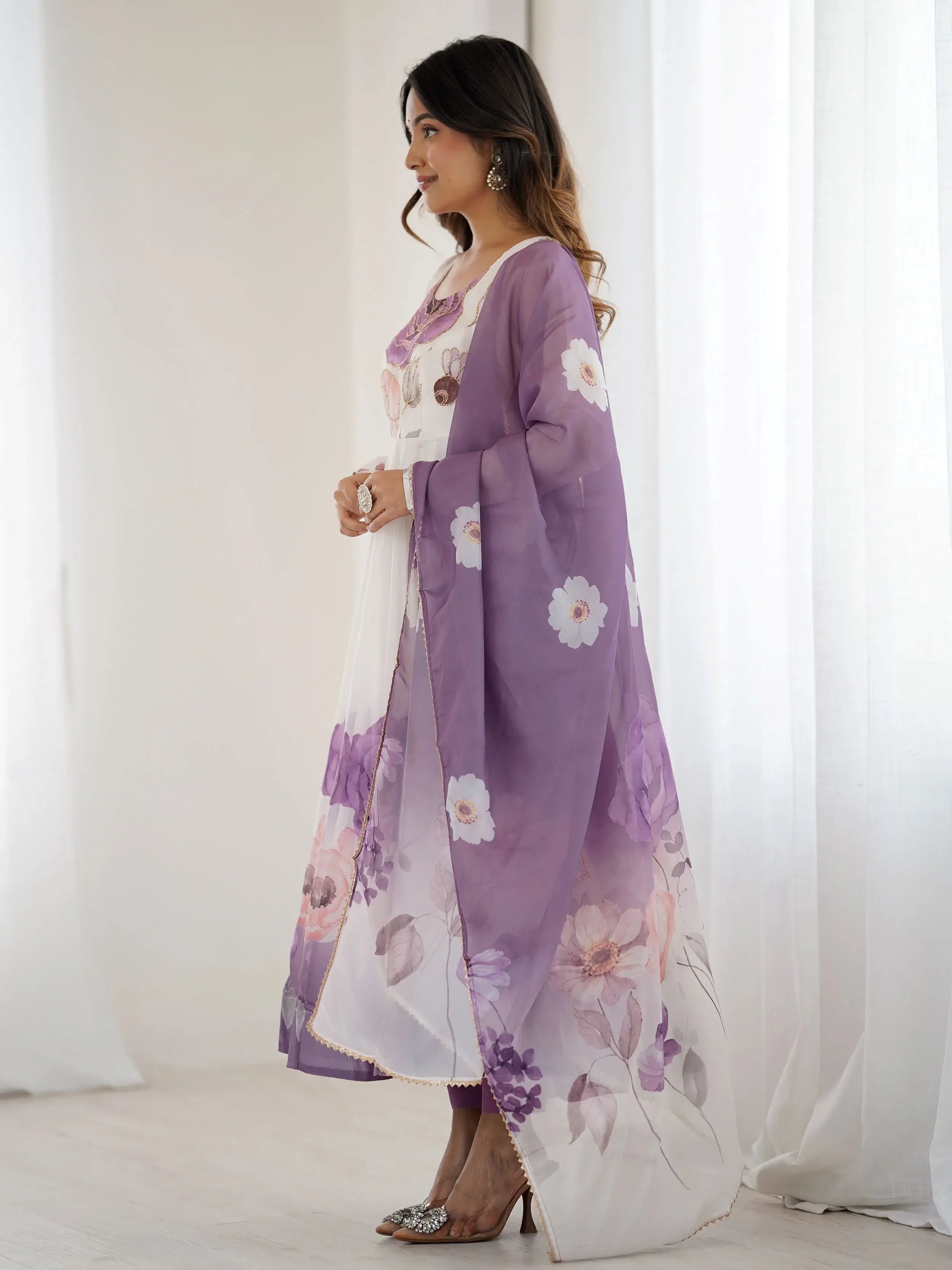 Purple pure organza silk floral Anarkali suit set