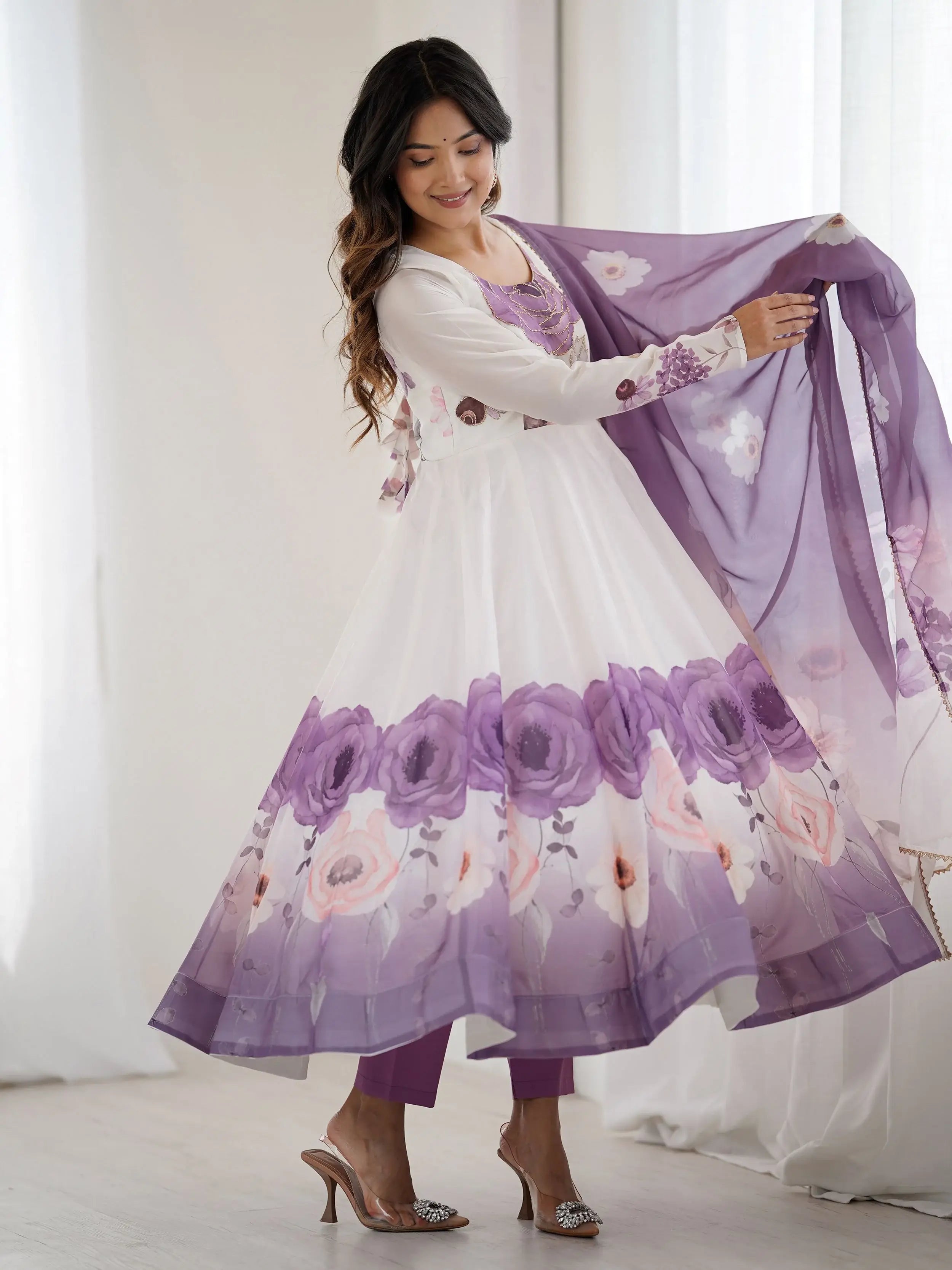 Purple pure organza silk floral Anarkali suit set