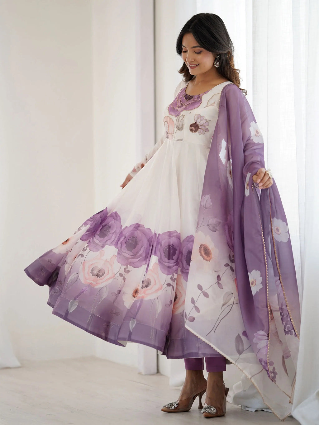 Purple pure organza silk floral Anarkali suit set