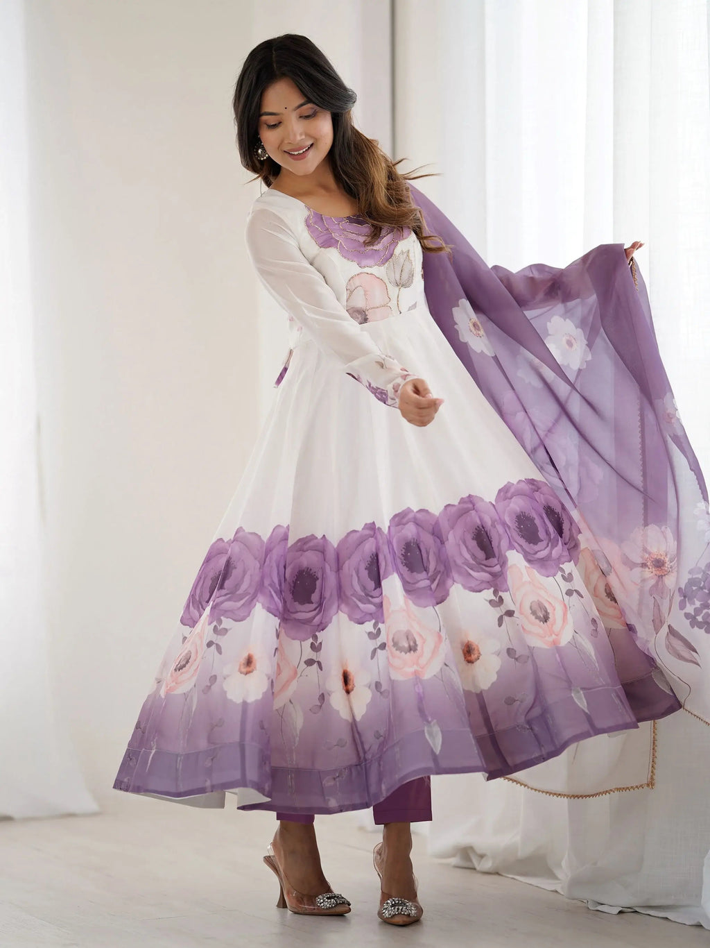 Purple pure organza silk floral Anarkali suit set