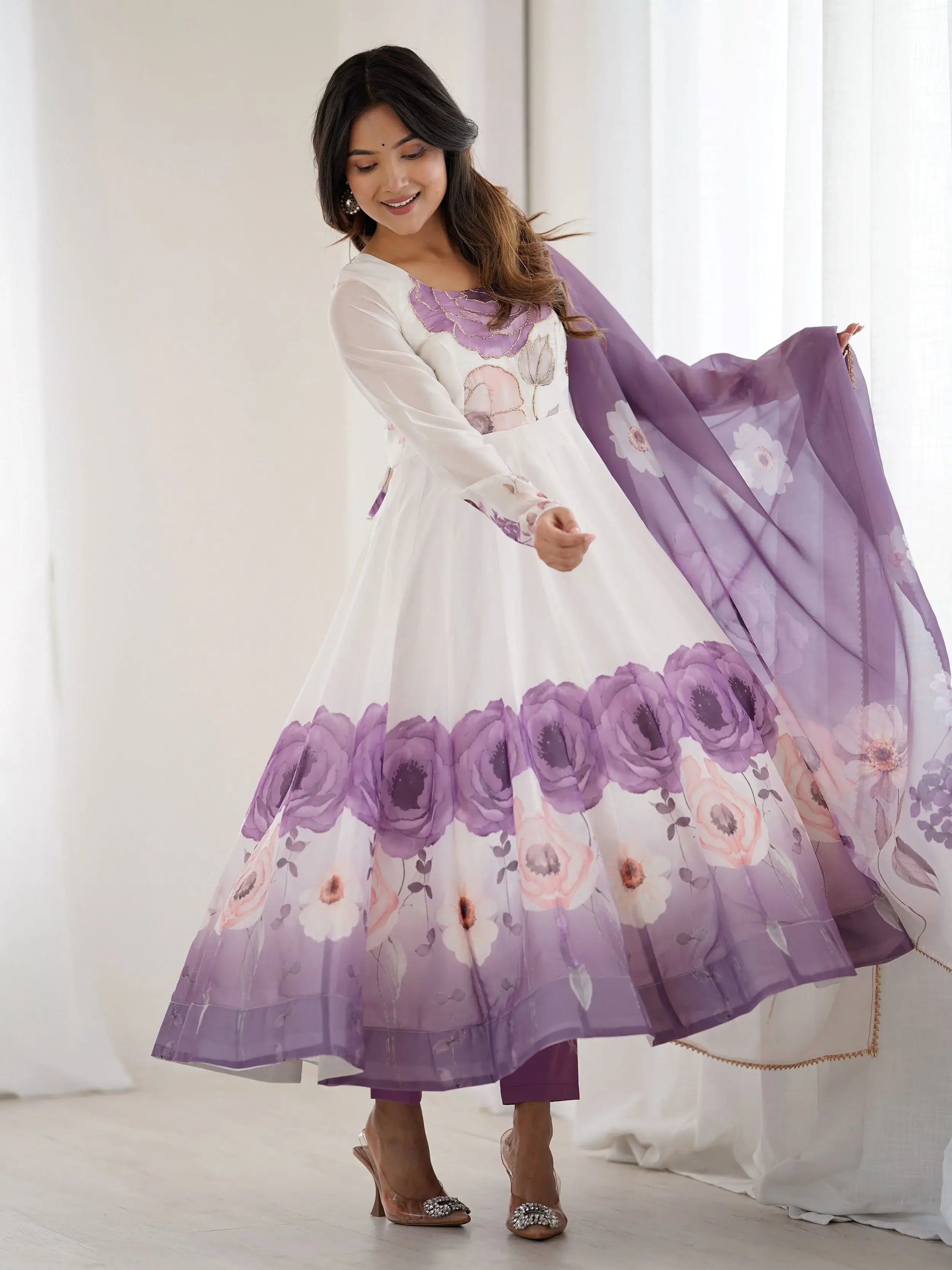Purple pure organza silk floral Anarkali suit set