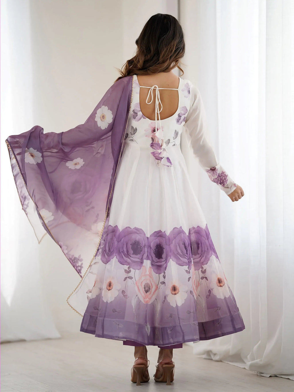 Purple pure organza silk floral Anarkali suit set