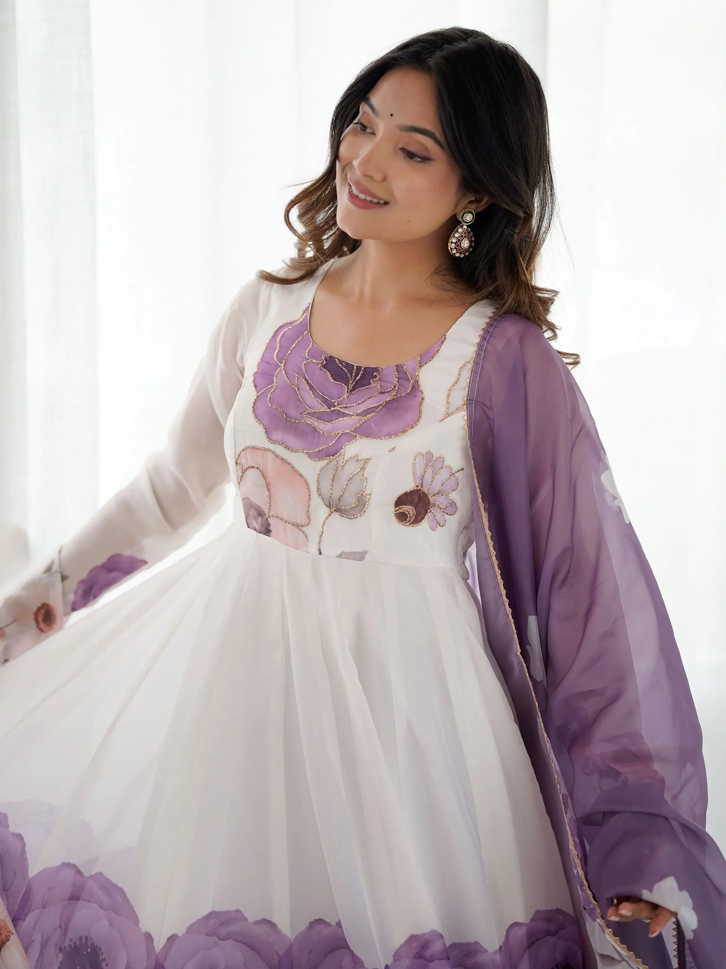 Purple pure organza silk floral Anarkali suit set