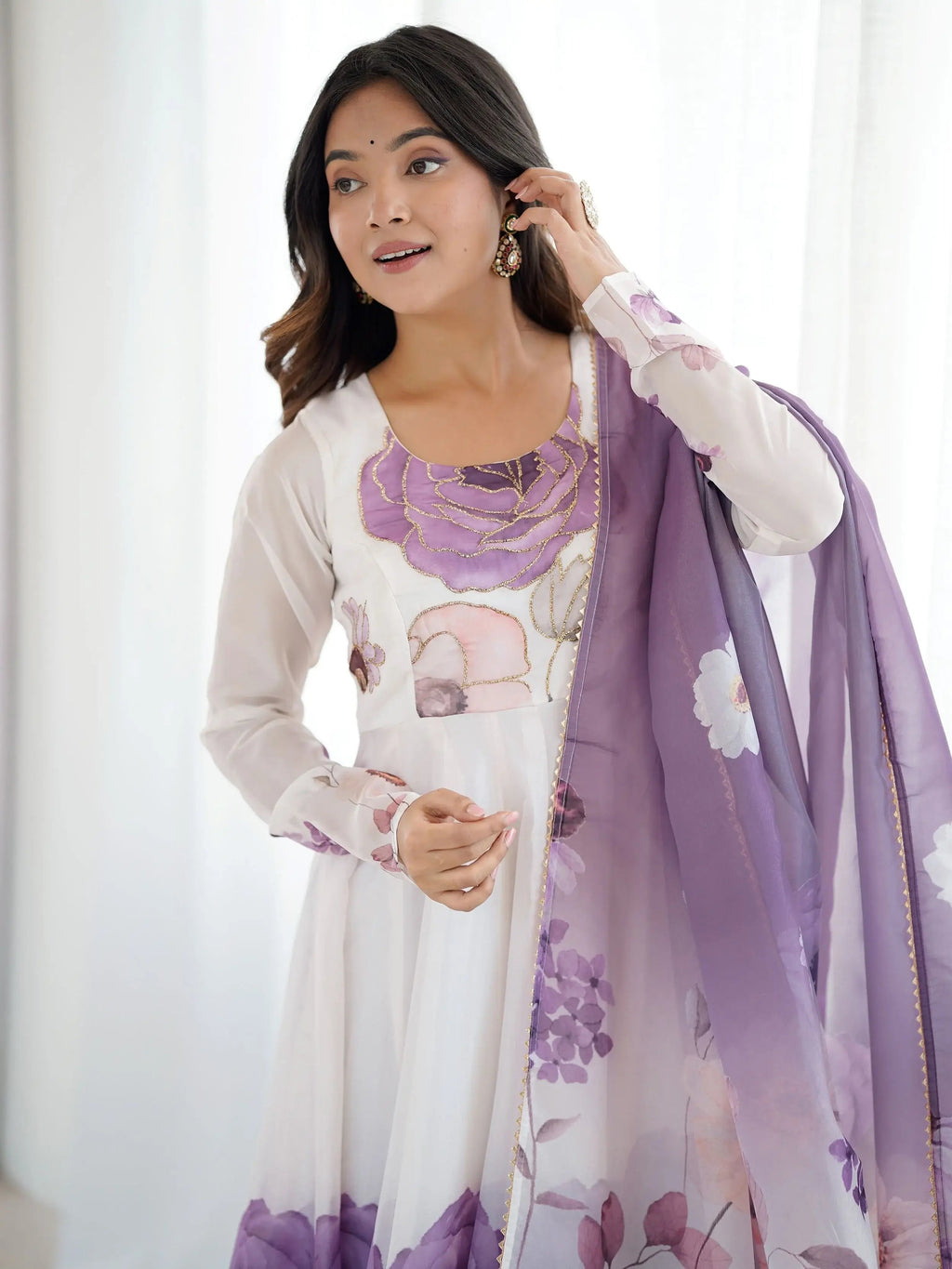 Purple pure organza silk floral Anarkali suit set
