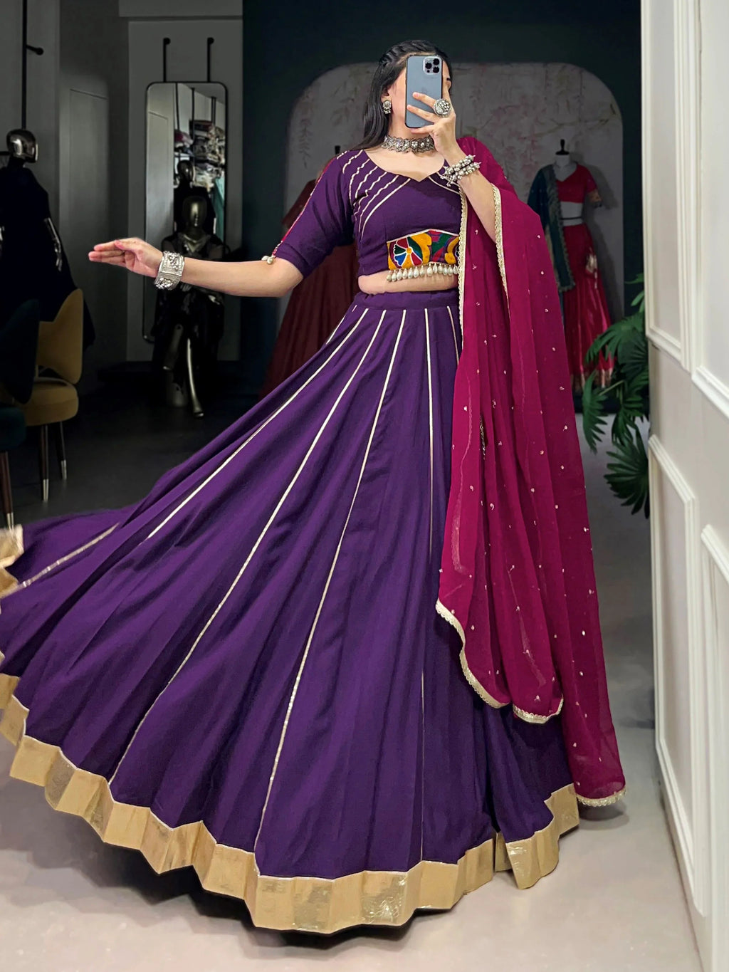 Purple rayon lehenga choli with mirror gamthi work and dupatta